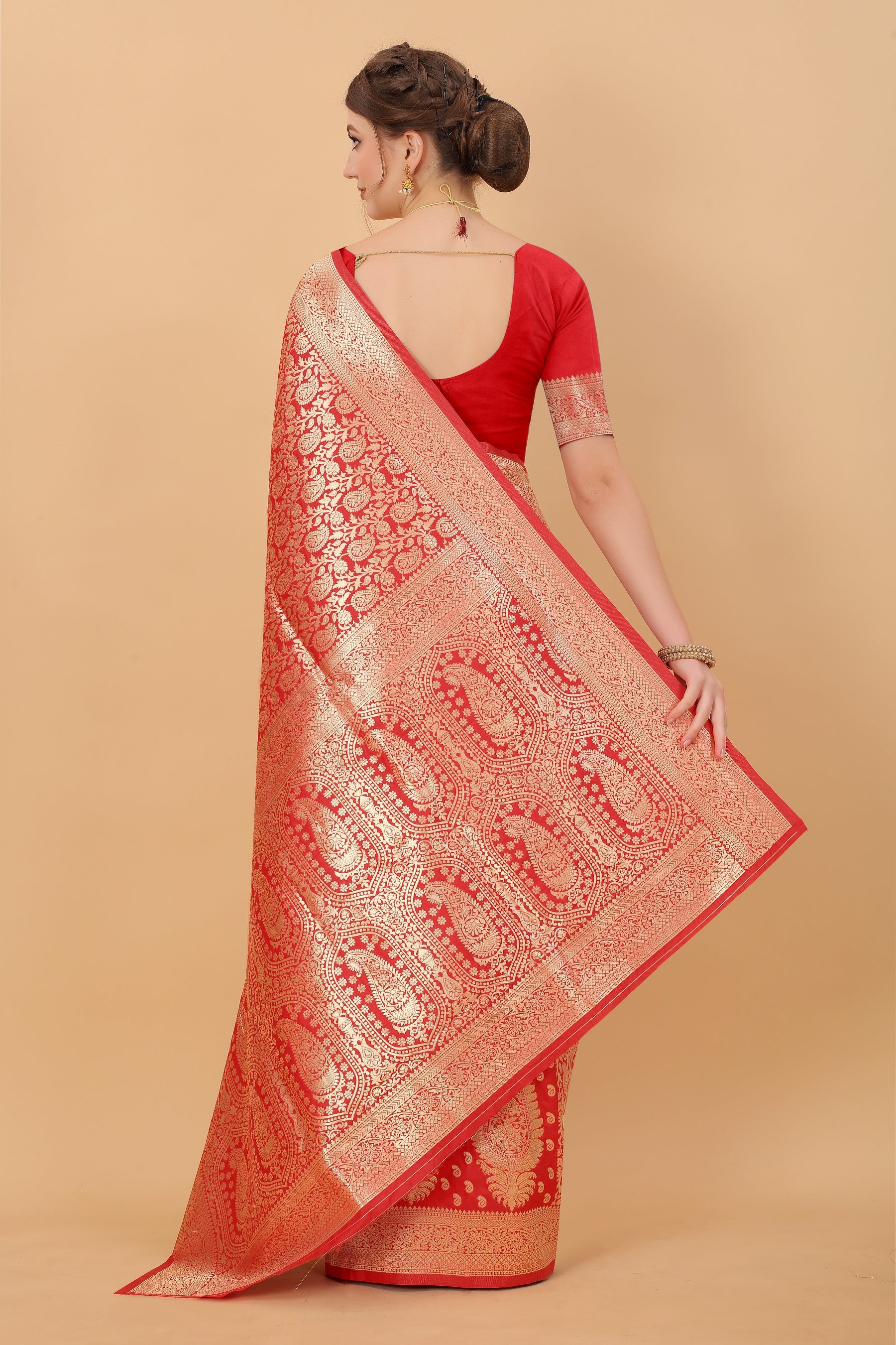 Vedant Vastram Soft Litchi Silk Kanjeevaram Saree - Red - Distacart