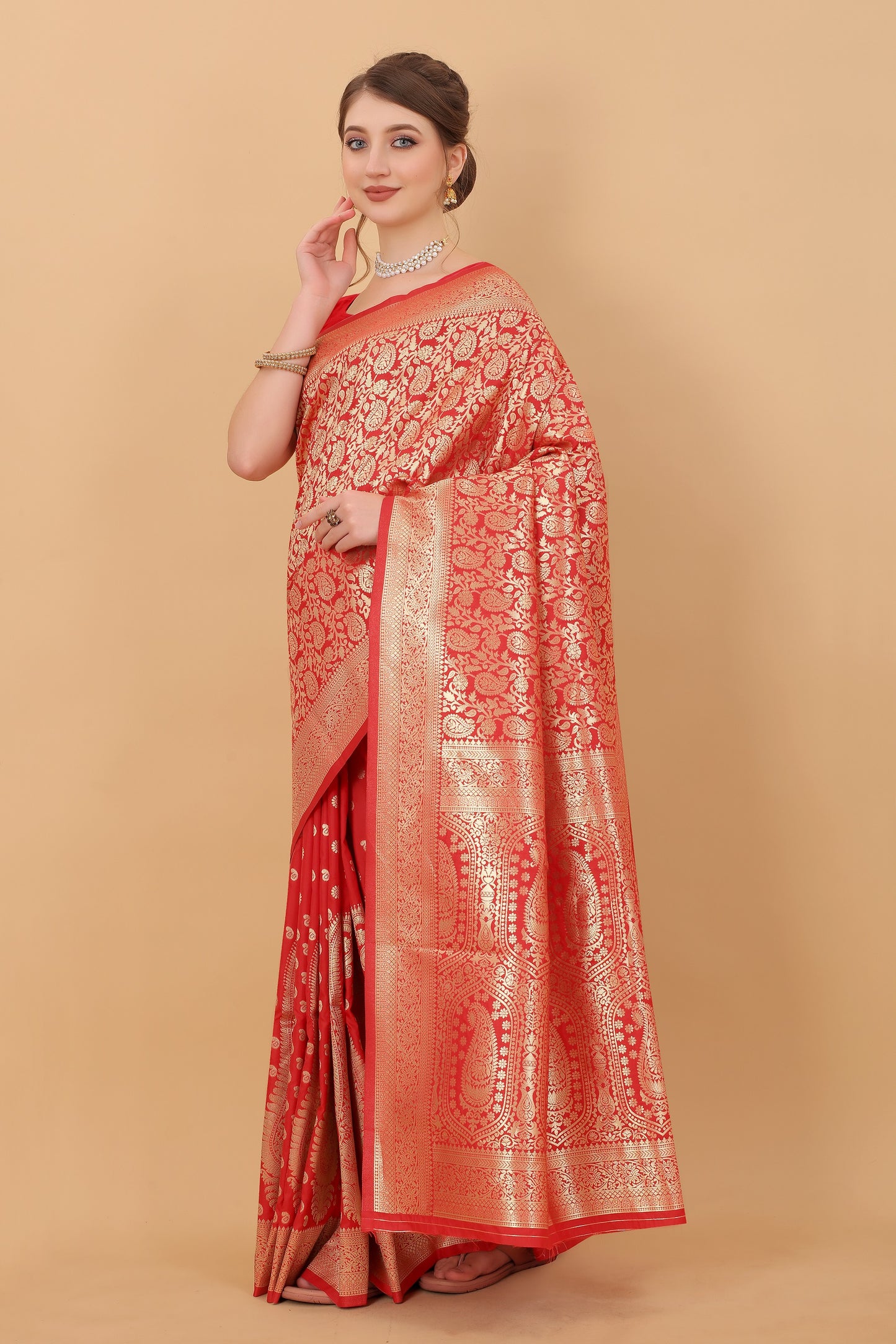 Vedant Vastram Soft Litchi Silk Kanjeevaram Saree - Red - Distacart
