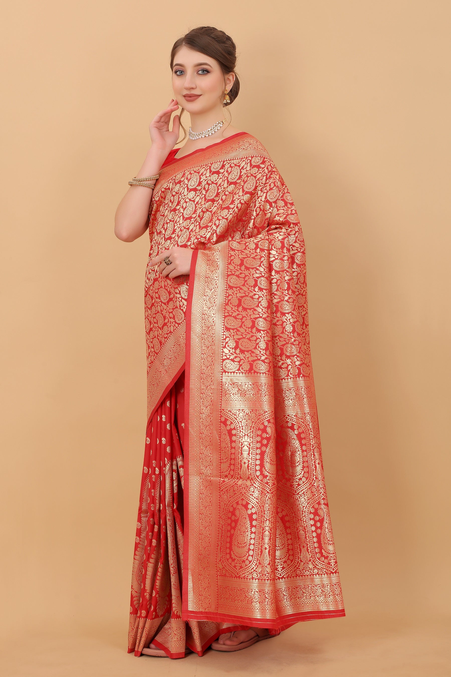 Vedant Vastram Soft Litchi Silk Kanjeevaram Saree - Red - Distacart