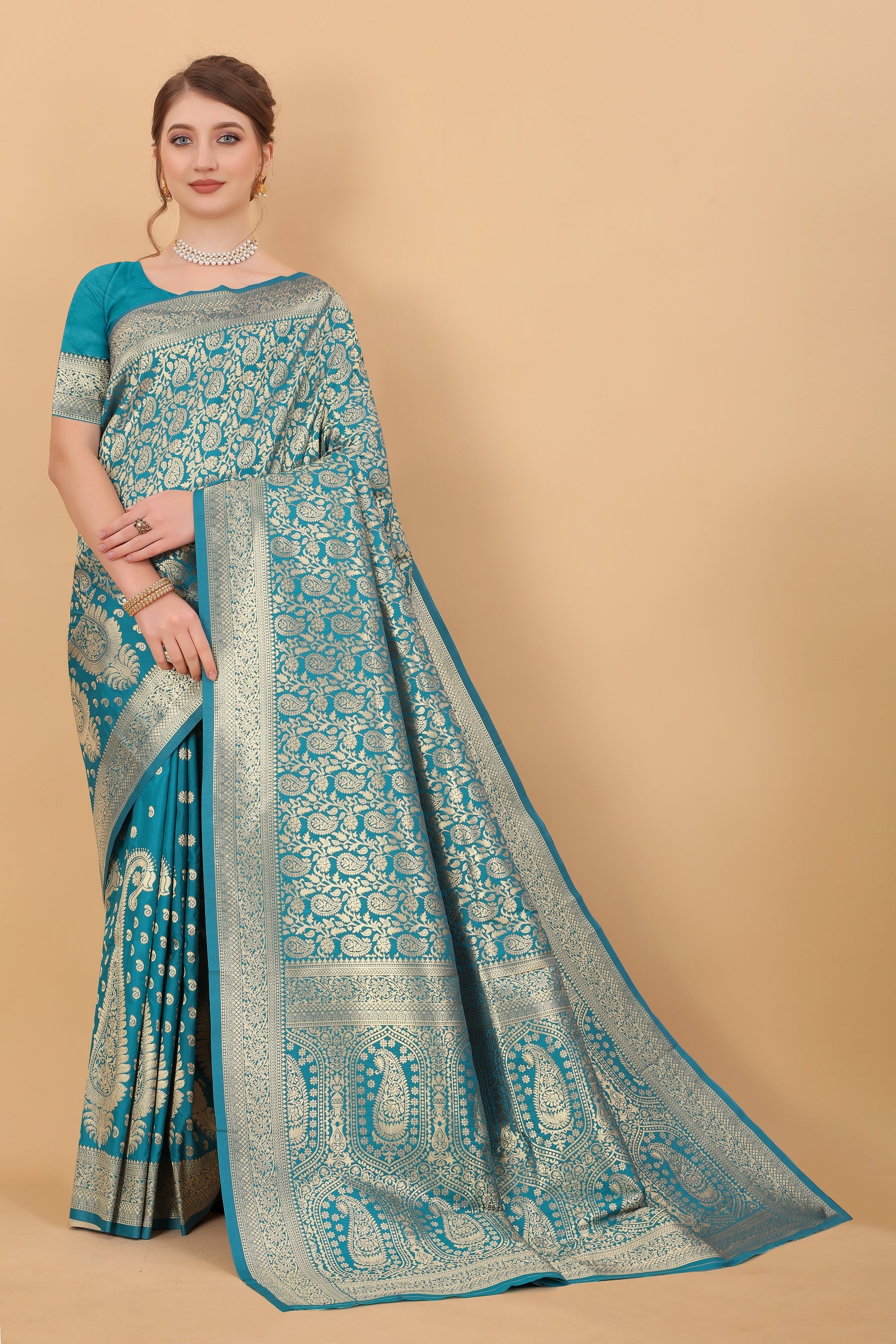 Vedant Vastram Soft Litchi Silk Kanjeevaram Saree - Turquoise - Distacart