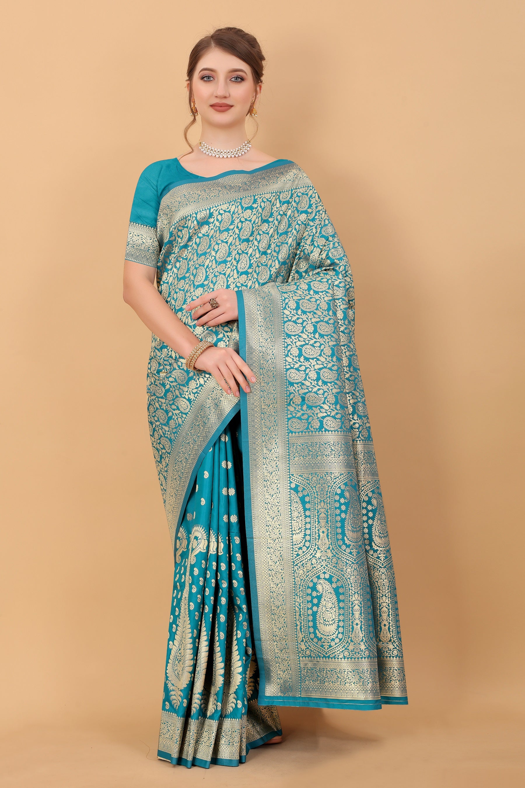 Vedant Vastram Soft Litchi Silk Kanjeevaram Saree - Turquoise - Distacart