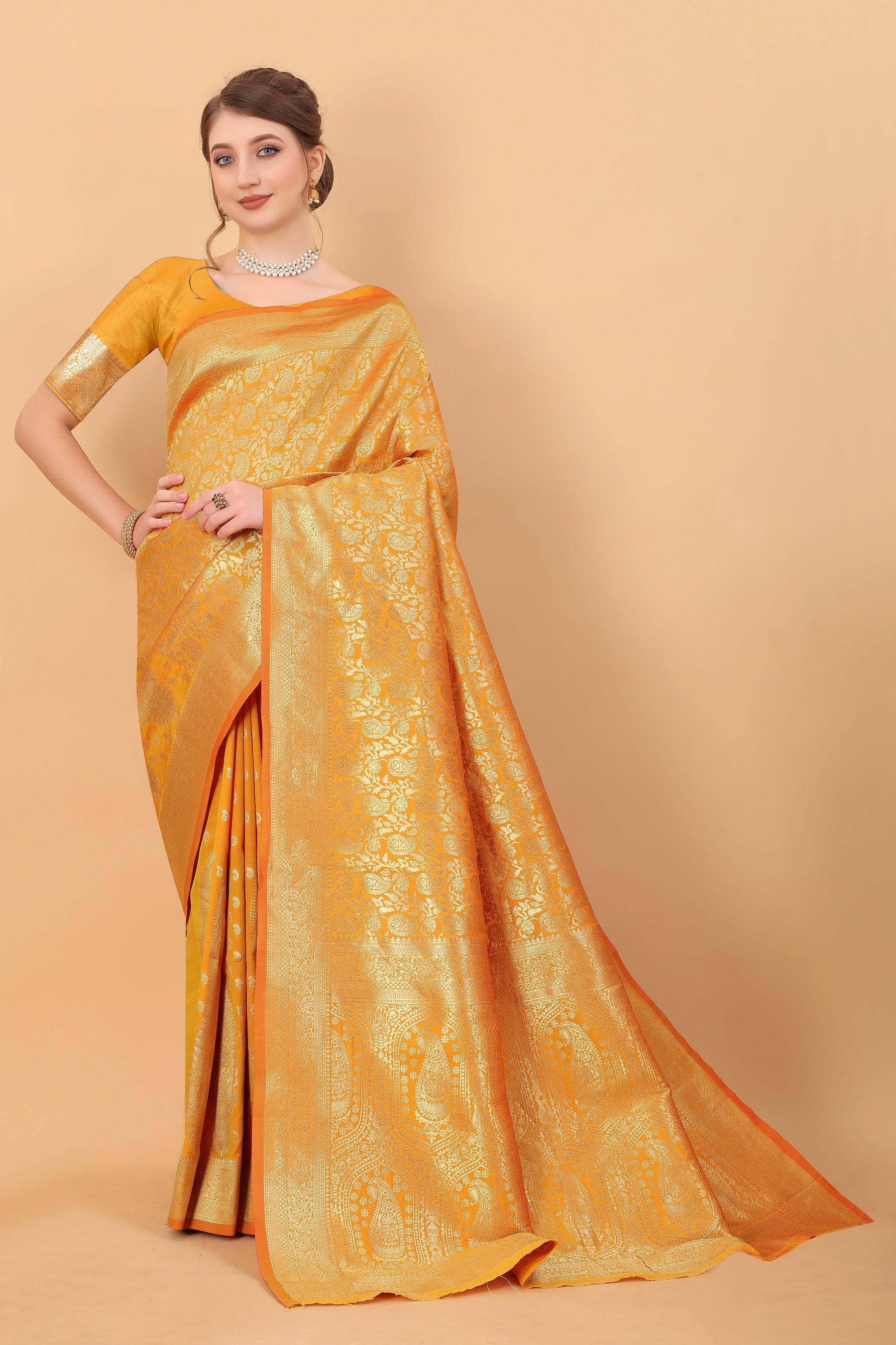 Vedant Vastram Soft Litchi Silk Kanjeevaram Saree - Yellow - Distacart