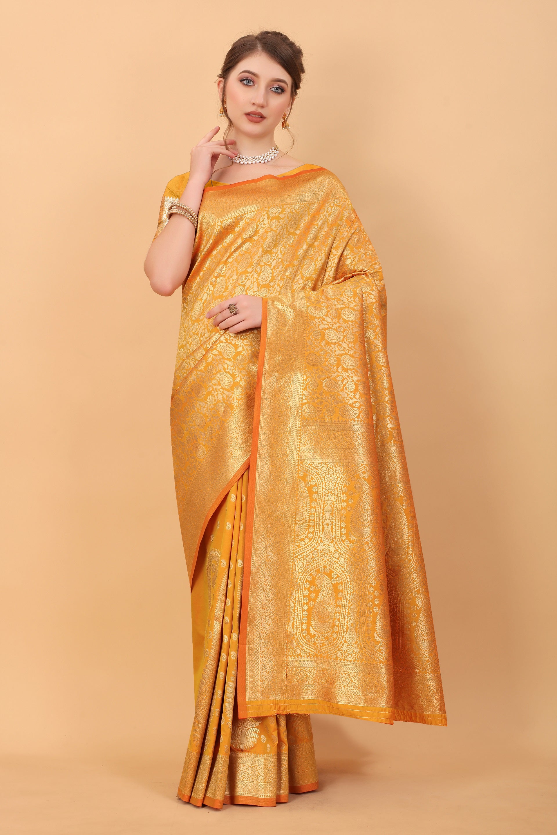 Vedant Vastram Soft Litchi Silk Kanjeevaram Saree - Yellow - Distacart