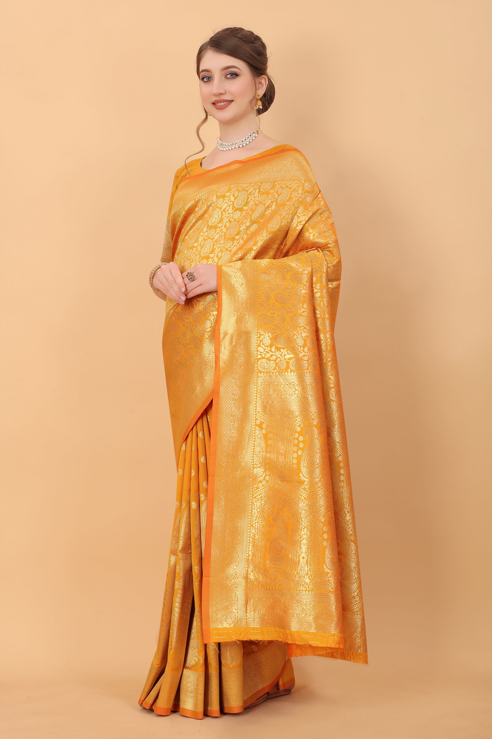 Vedant Vastram Soft Litchi Silk Kanjeevaram Saree - Yellow - Distacart