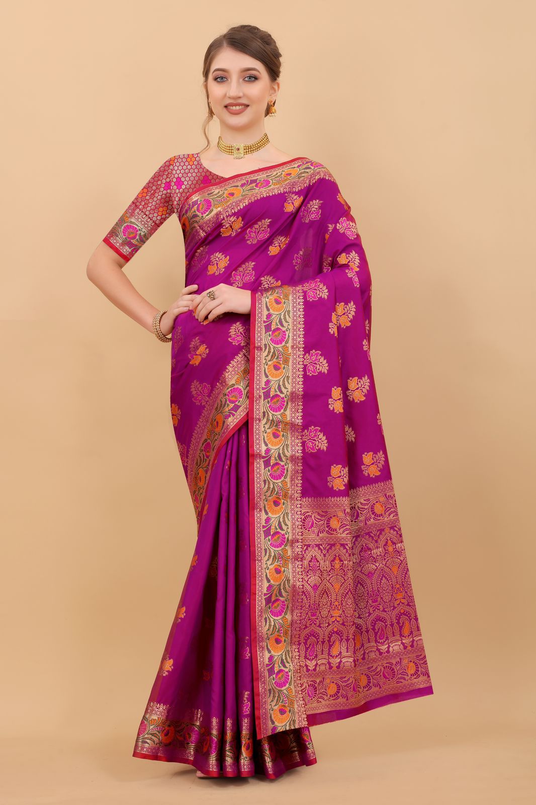 Vedant Vastram Soft Litchi Silk Kanjeevaram Saree - Magenta - Distacart