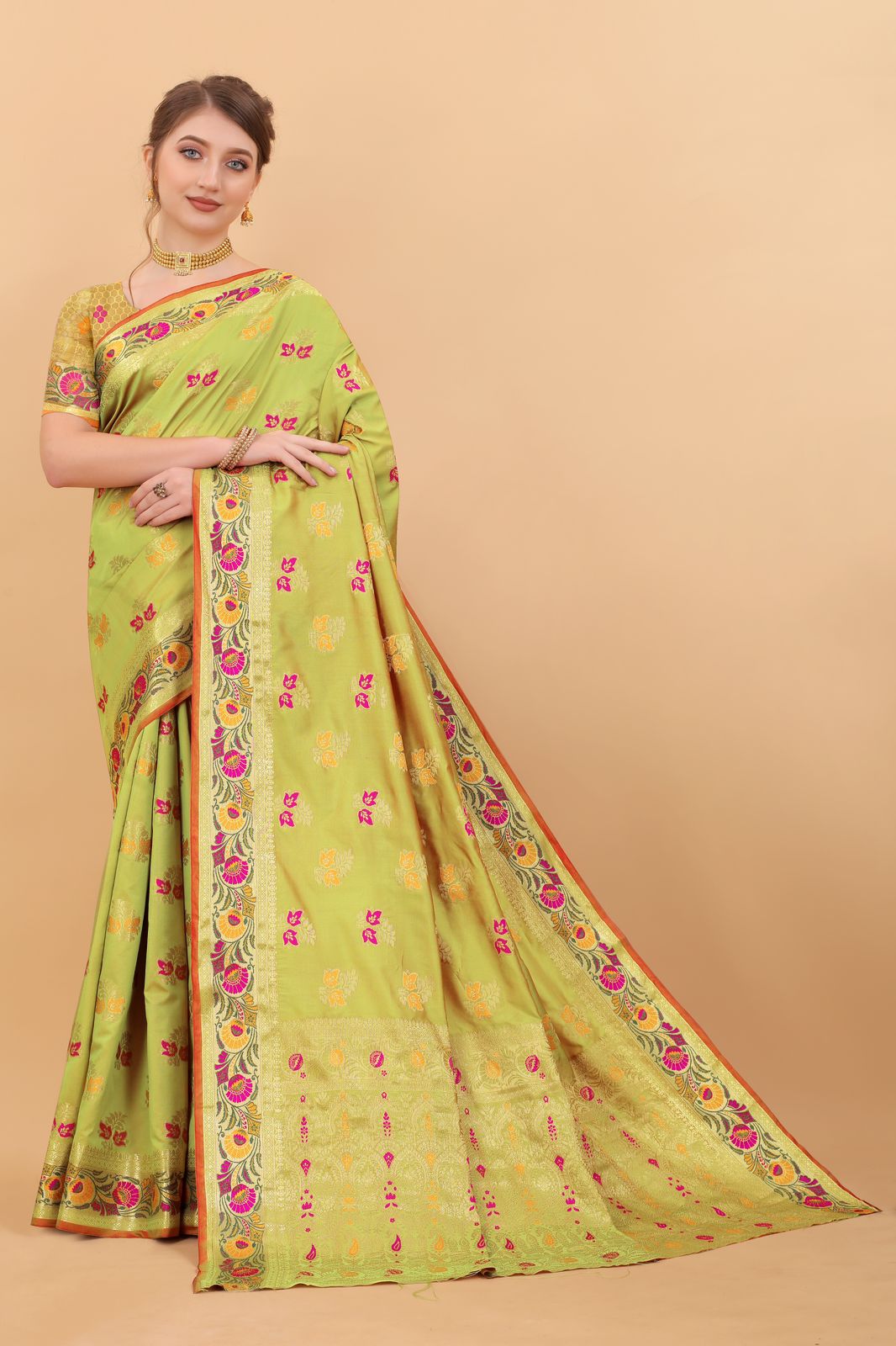 Vedant Vastram Soft Litchi Silk Kanjeevaram Saree - Parrot - Distacart