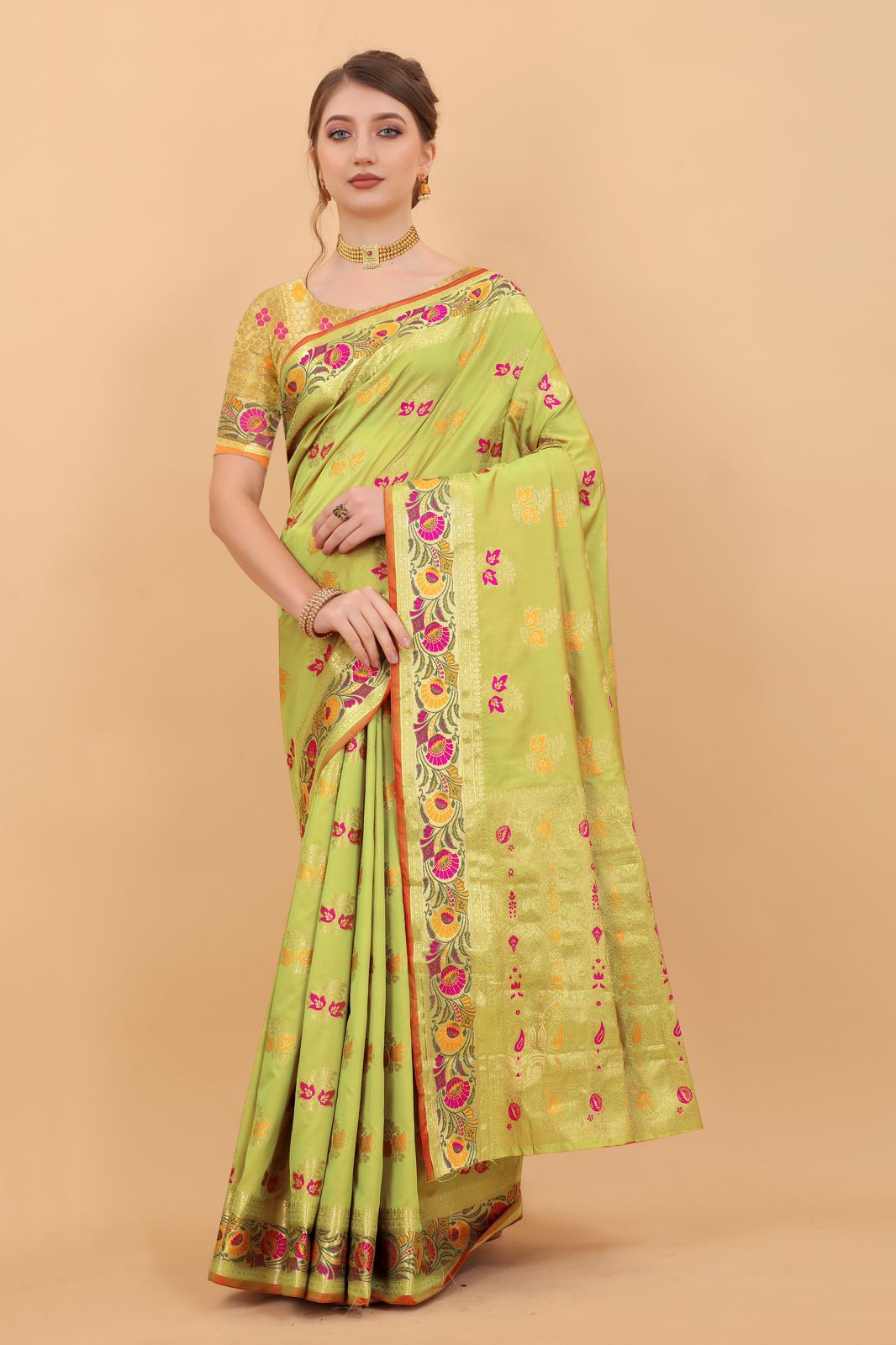 Vedant Vastram Soft Litchi Silk Kanjeevaram Saree - Parrot - Distacart