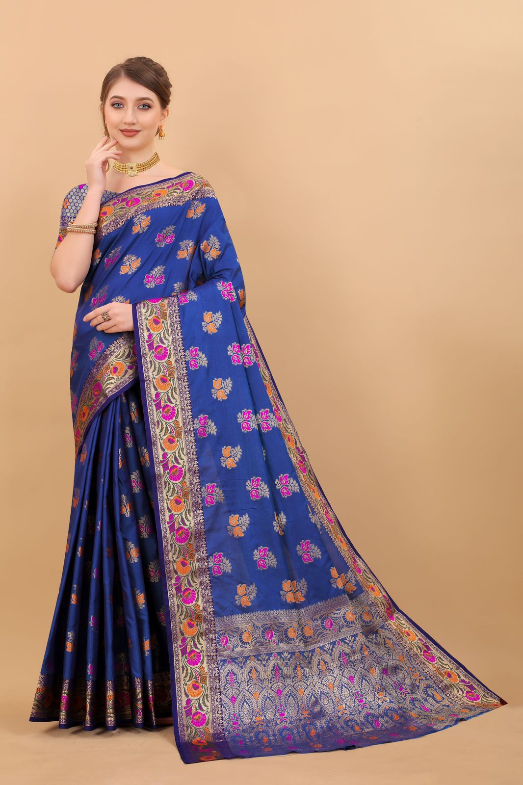 Vedant Vastram Soft Litchi Silk Kanjeevaram Saree - Royal Blue - Distacart