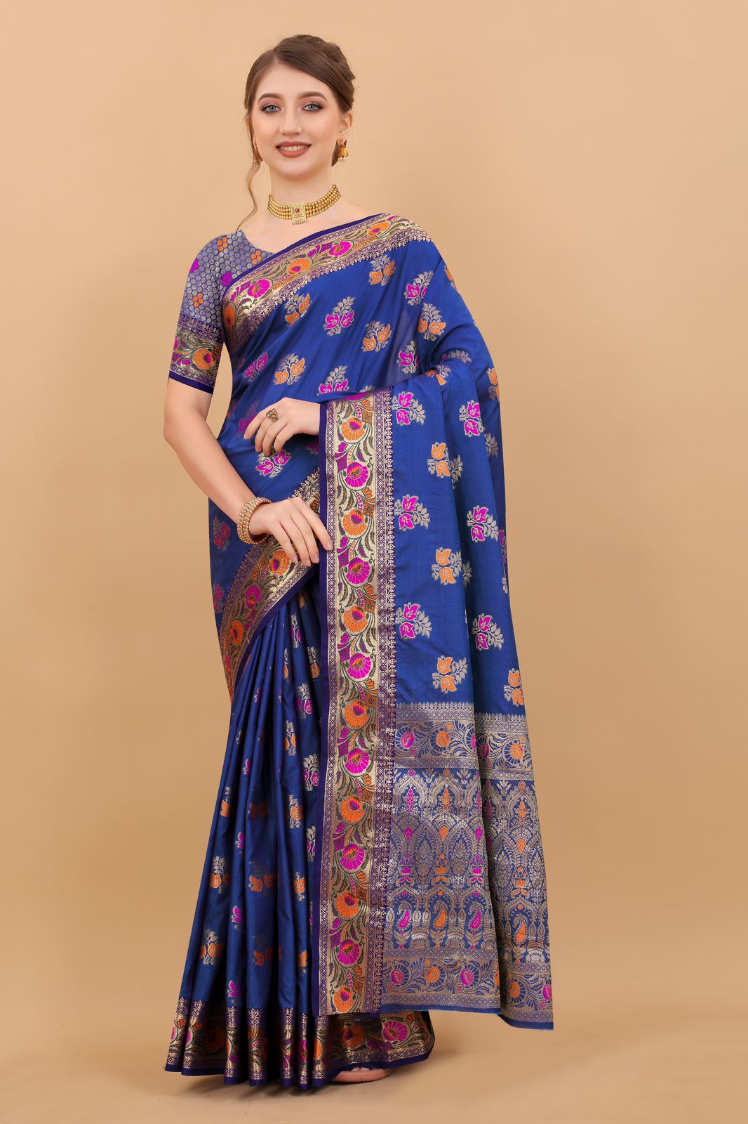 Vedant Vastram Soft Litchi Silk Kanjeevaram Saree - Royal Blue - Distacart