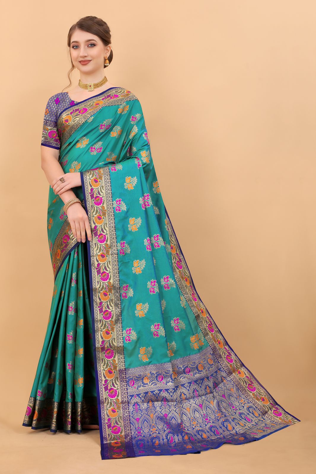 Vedant Vastram Soft Litchi Silk Kanjeevaram Saree - Rama - Distacart