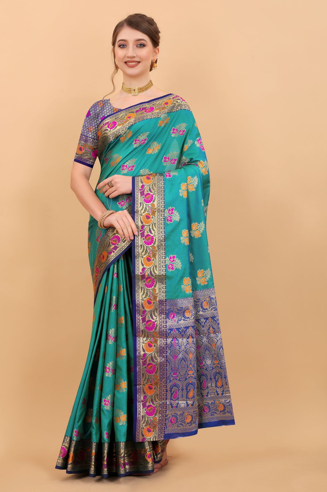 Vedant Vastram Soft Litchi Silk Kanjeevaram Saree - Rama - Distacart