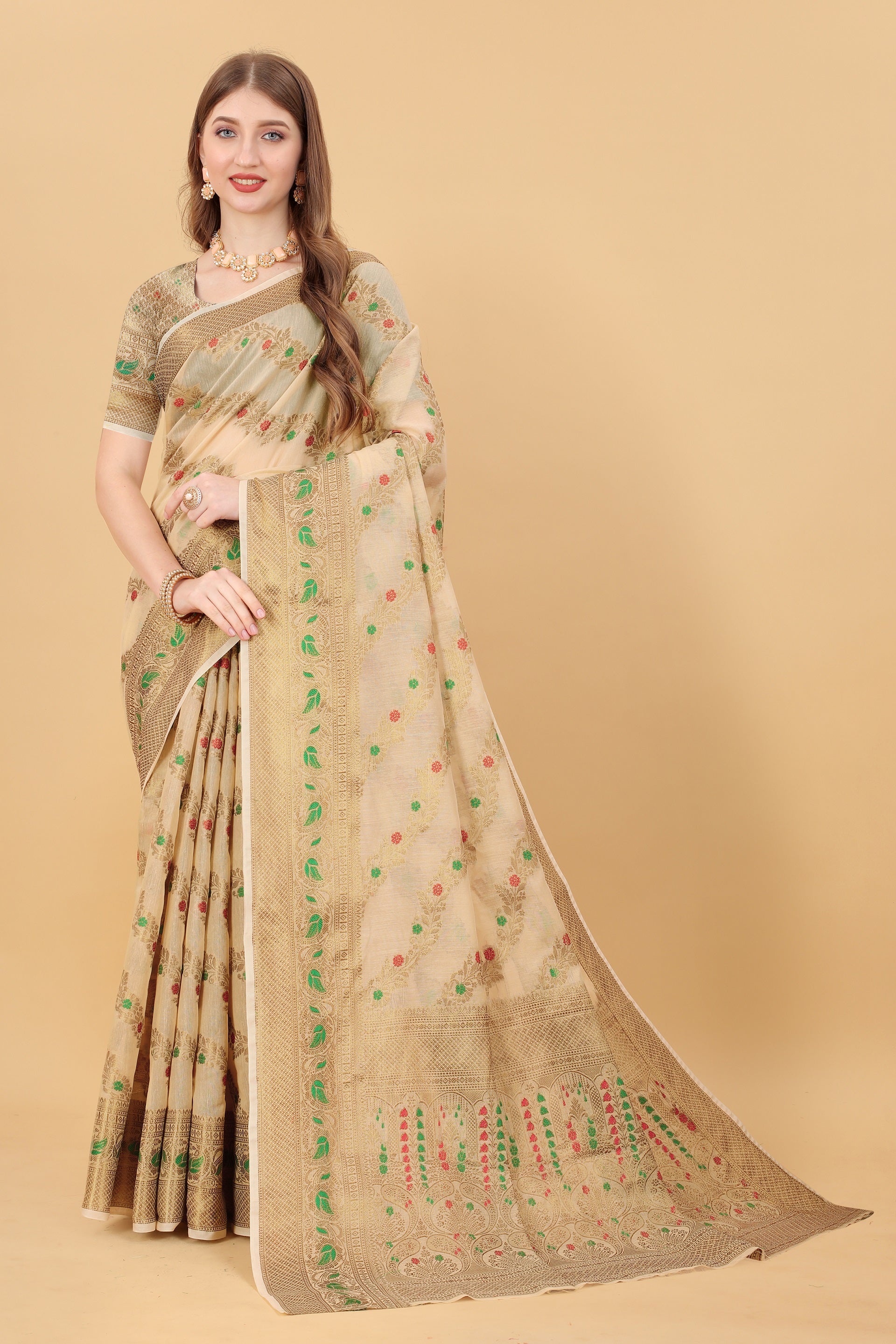 Vedant Vastram Soft Cotton Silk Banarasi Silk Saree - Beige - Distacart