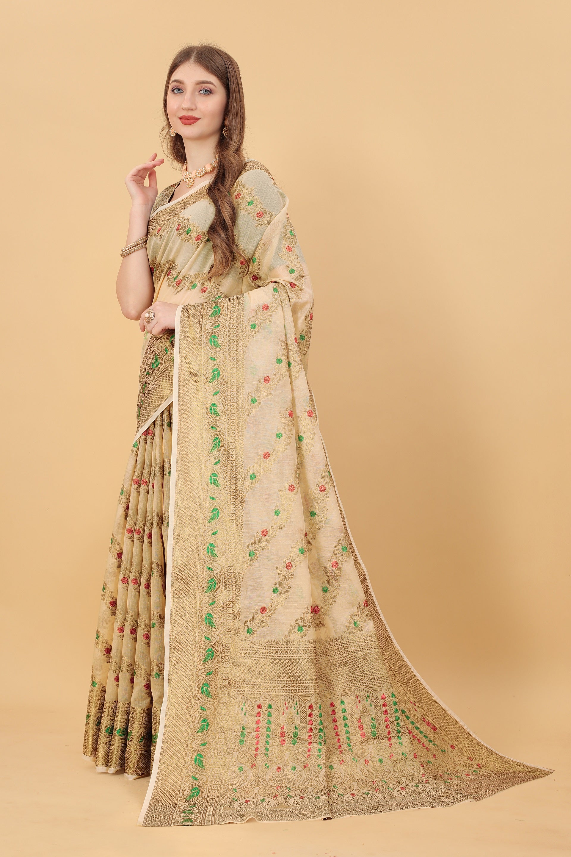 Vedant Vastram Soft Cotton Silk Banarasi Silk Saree - Beige - Distacart