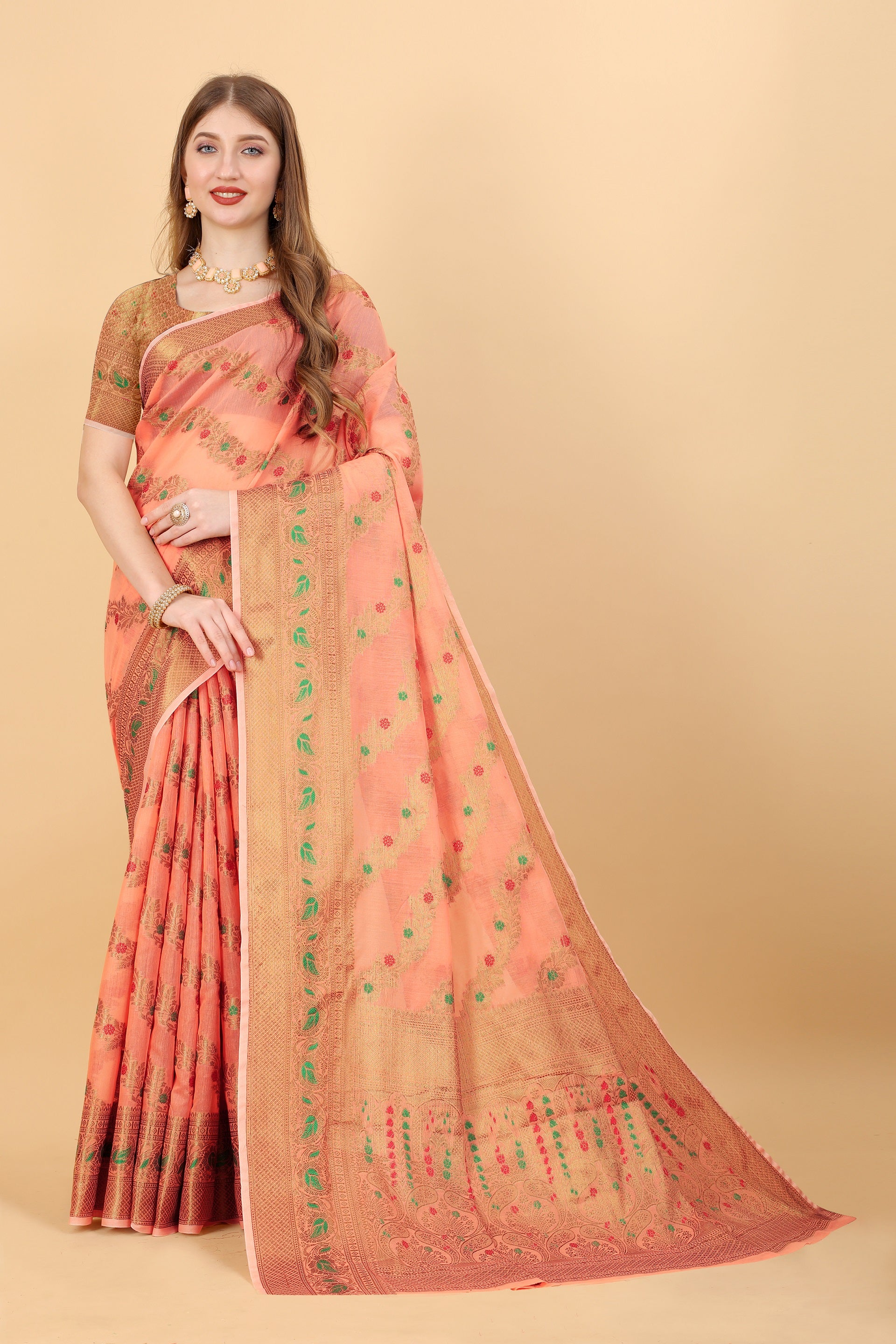 Vedant Vastram Soft Cotton Silk Banarasi Silk Saree - Peach - Distacart