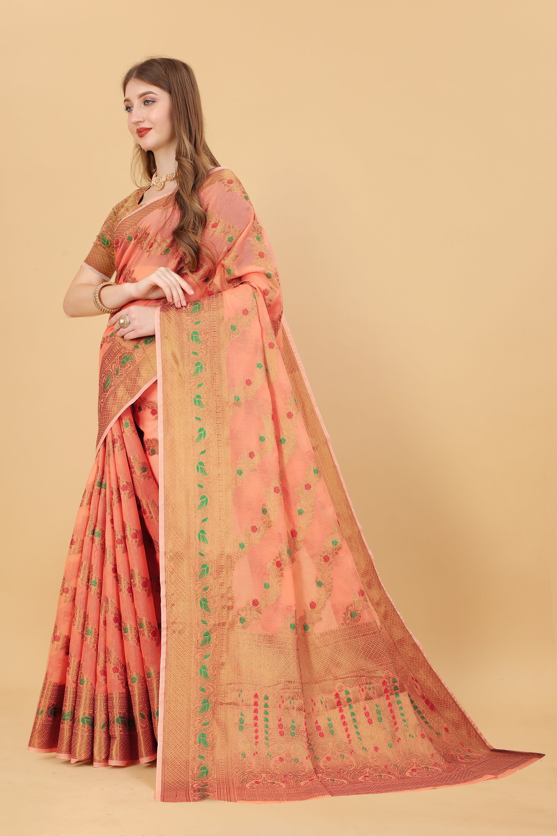 Vedant Vastram Soft Cotton Silk Banarasi Silk Saree - Peach - Distacart