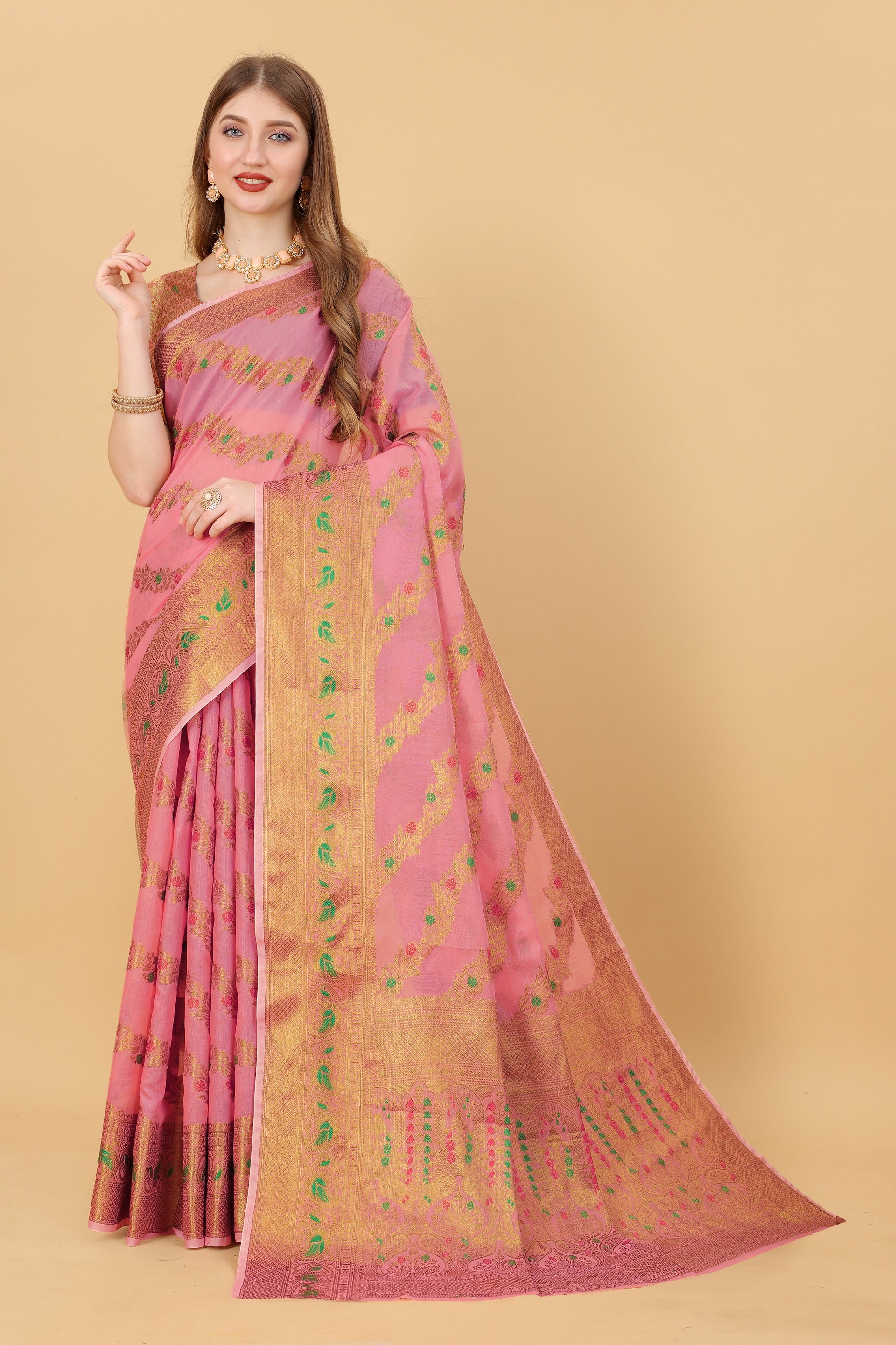 Vedant Vastram Soft Cotton Silk Banarasi Silk Saree - Pink - Distacart