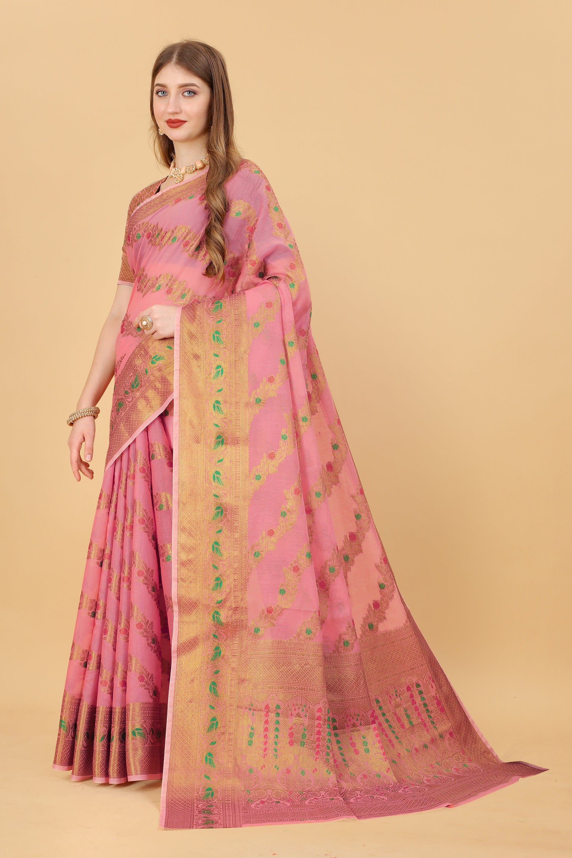 Vedant Vastram Soft Cotton Silk Banarasi Silk Saree - Pink - Distacart
