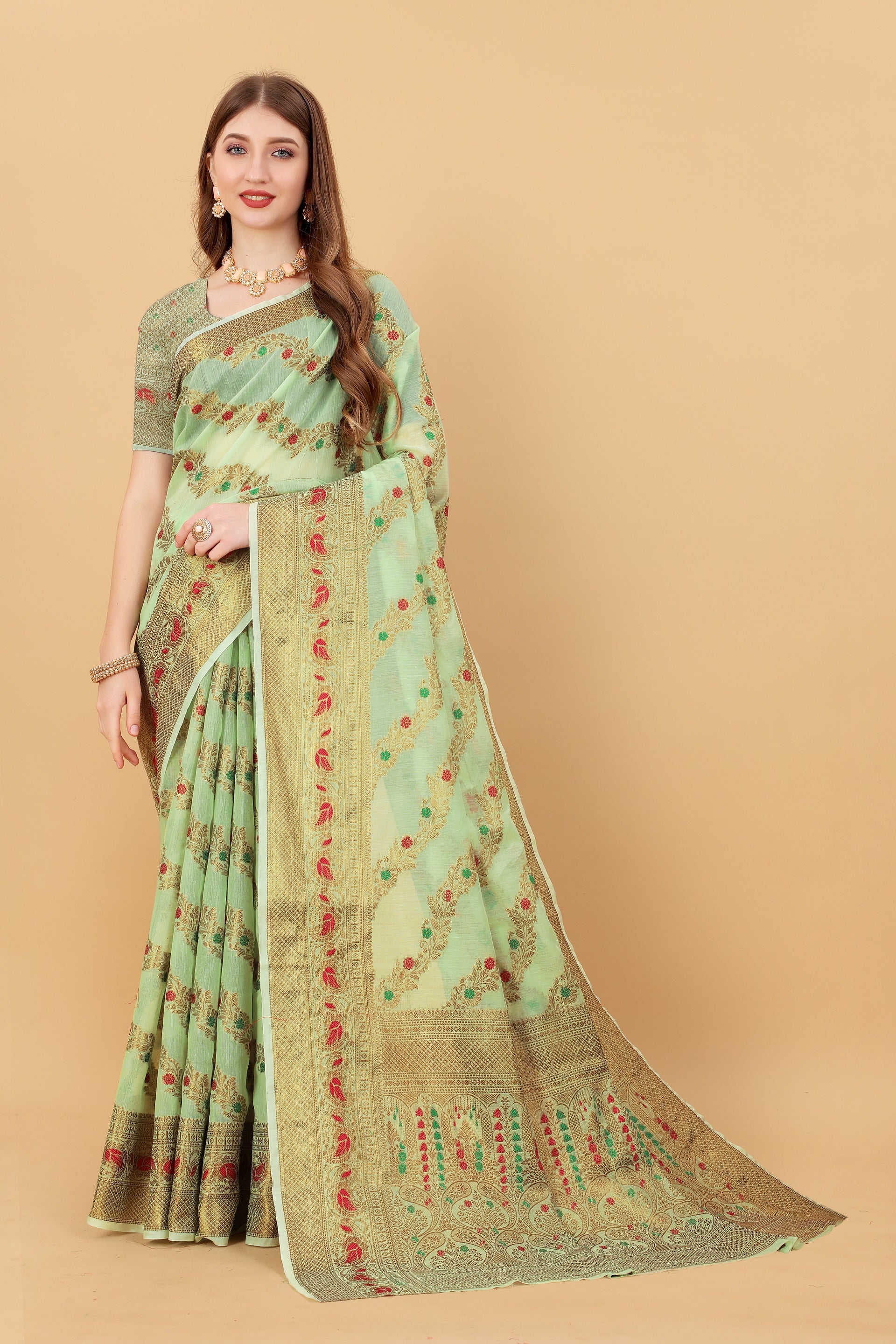 Vedant Vastram Soft Cotton Silk Banarasi Silk Saree - Pista - Distacart