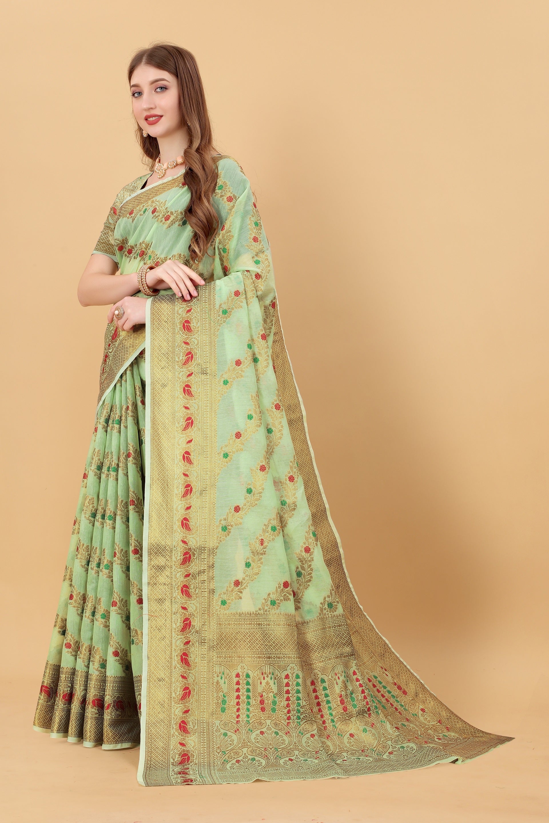 Vedant Vastram Soft Cotton Silk Banarasi Silk Saree - Pista - Distacart