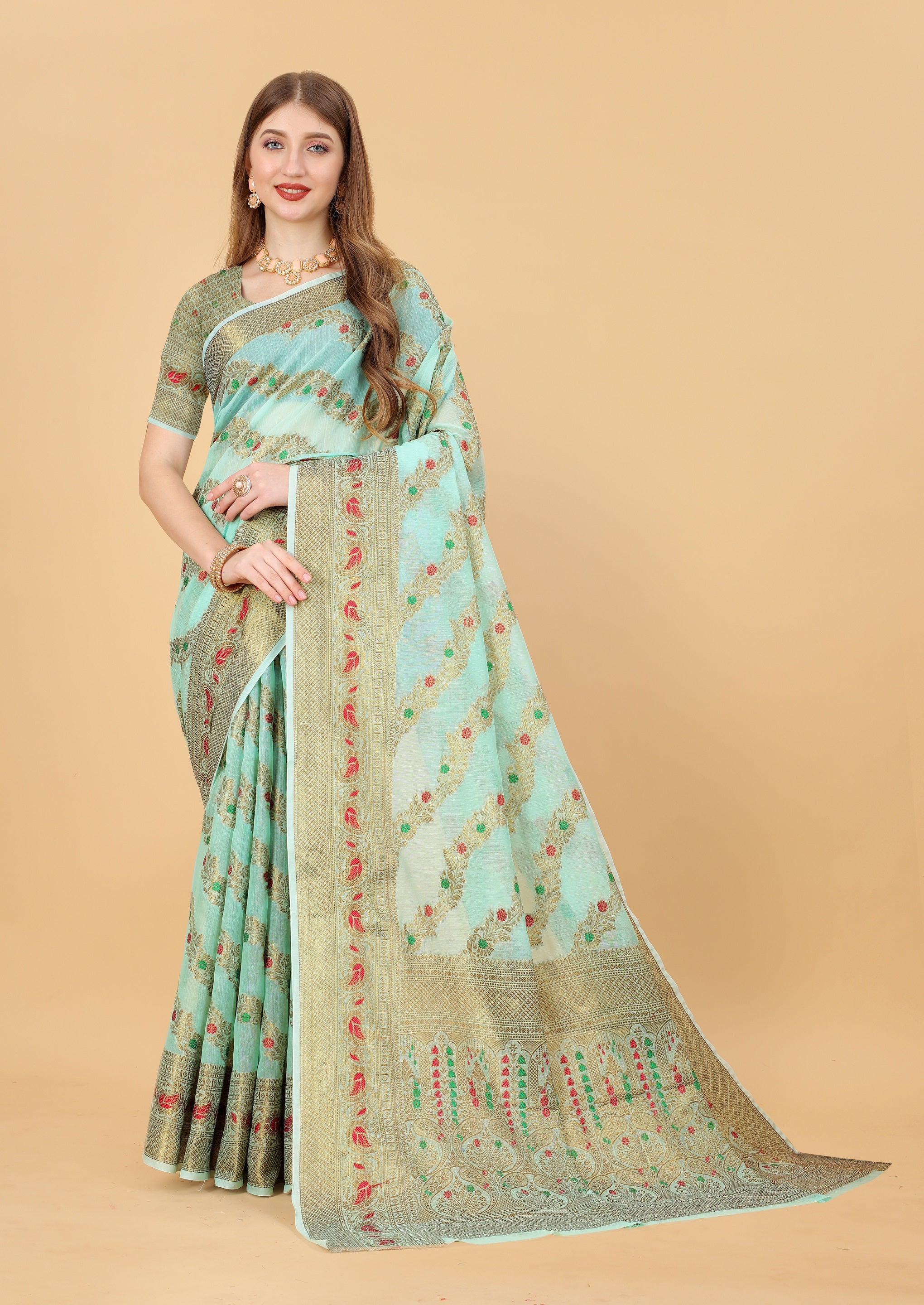 Vedant Vastram Soft Cotton Silk Banarasi Silk Saree - Seegreen - Distacart