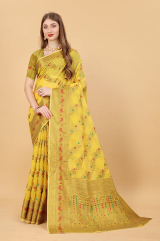 Vedant Vastram Soft Cotton Silk Banarasi Silk Saree - Yellow - Distacart