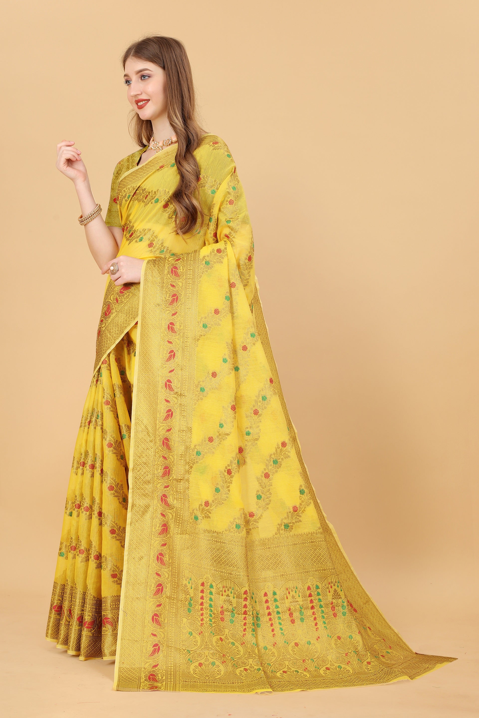 Vedant Vastram Soft Cotton Silk Banarasi Silk Saree - Yellow - Distacart