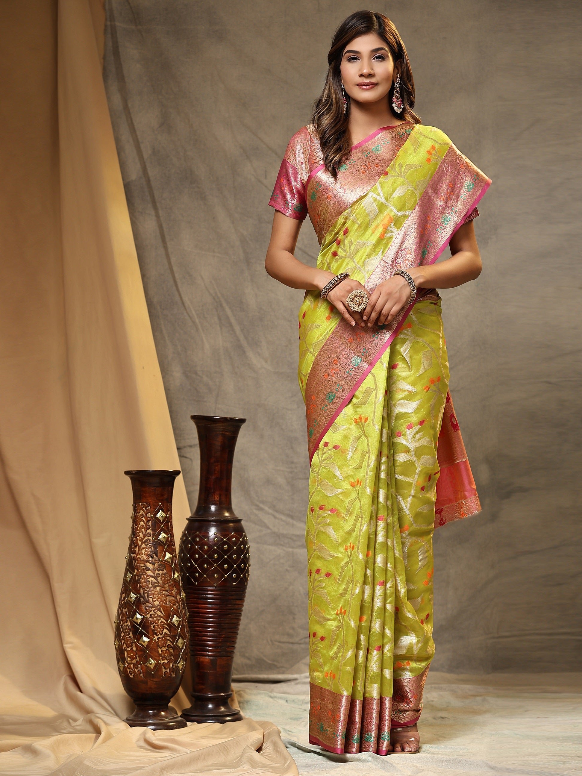 Vedant Vastram Organza Silk Kanjeevaram Saree - Lemon - Distacart