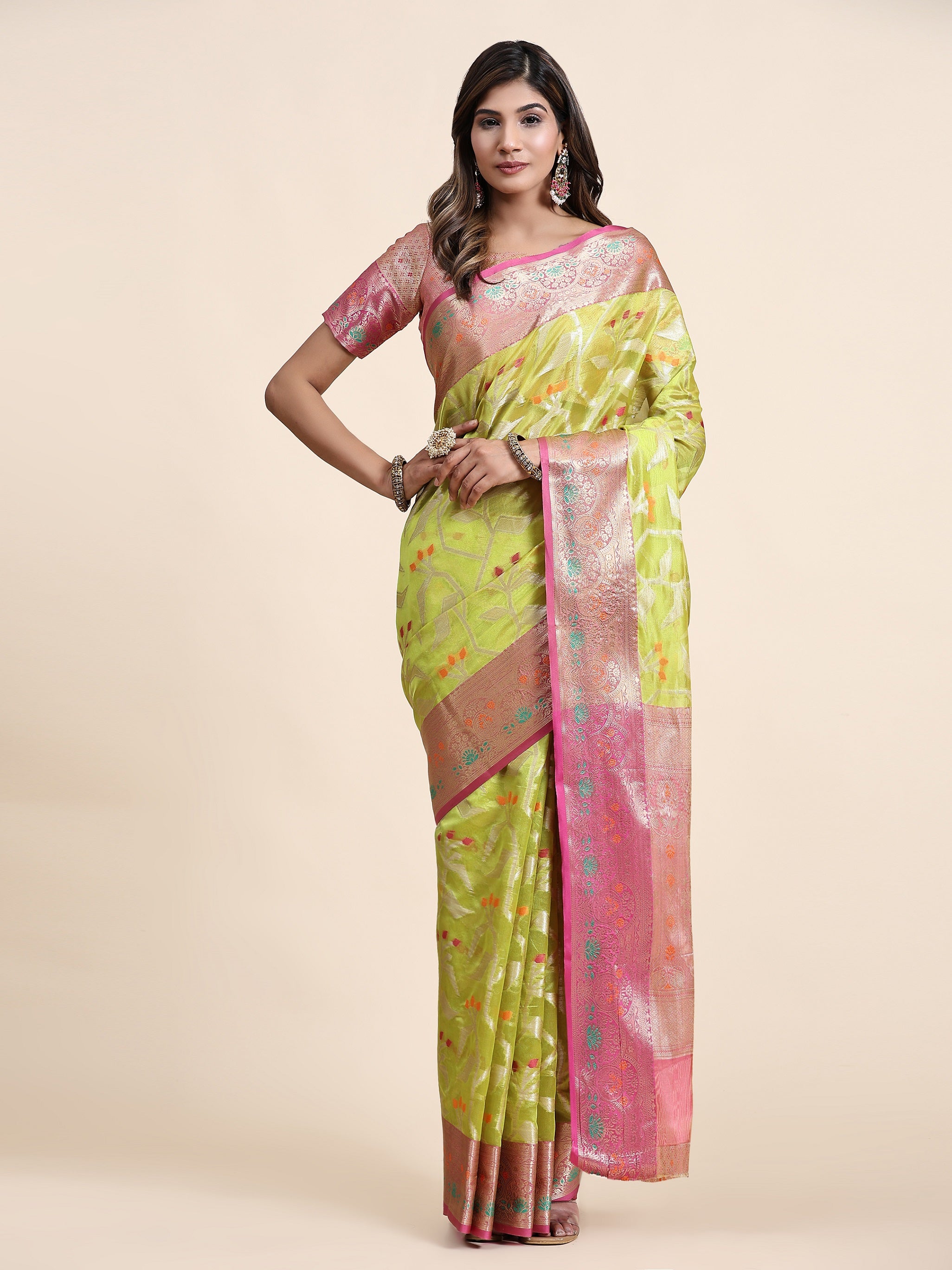 Vedant Vastram Organza Silk Kanjeevaram Saree - Lemon - Distacart