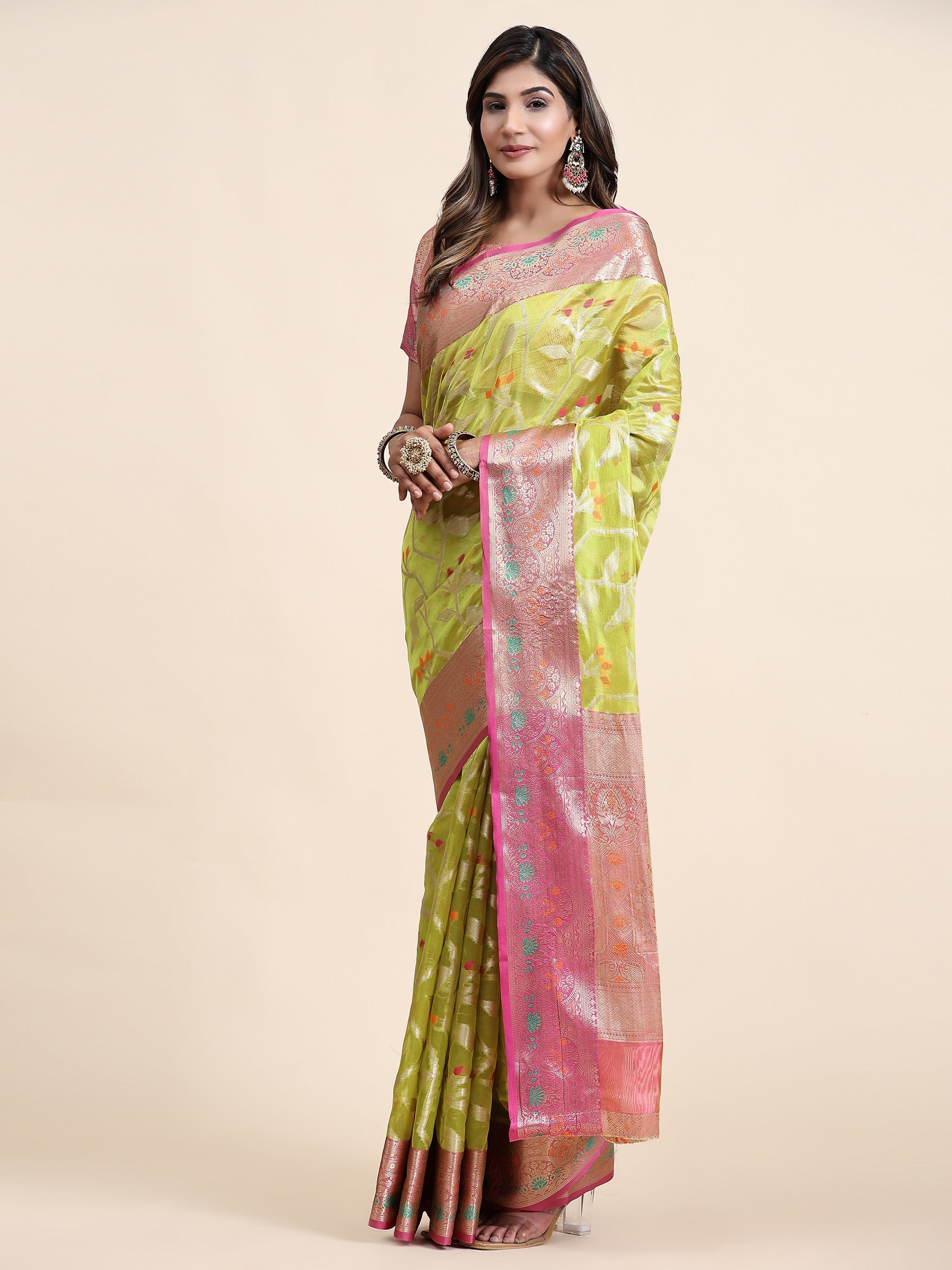 Vedant Vastram Organza Silk Kanjeevaram Saree - Lemon - Distacart