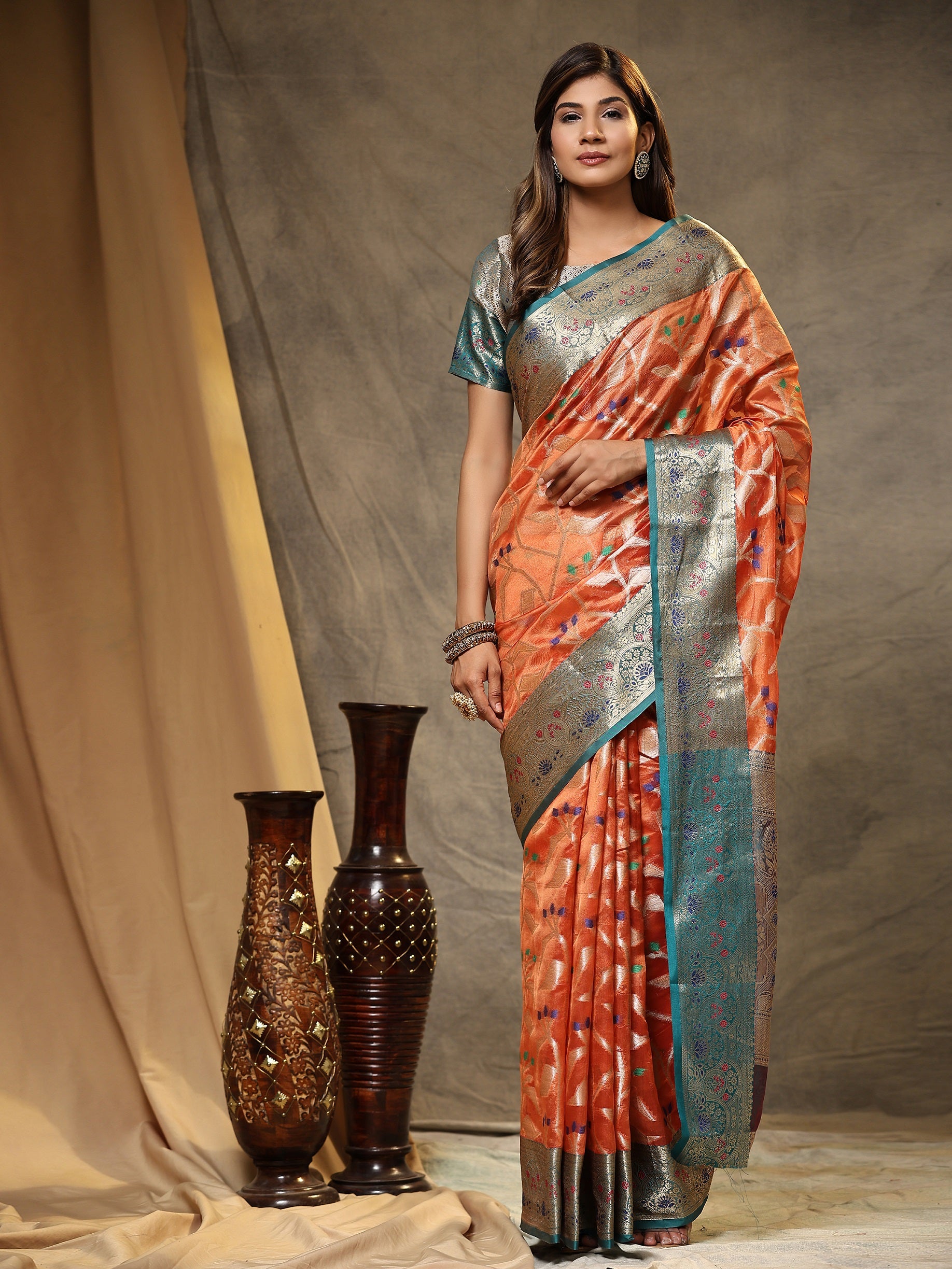 Vedant Vastram Organza Silk Kanjeevaram Saree - Peach - Distacart