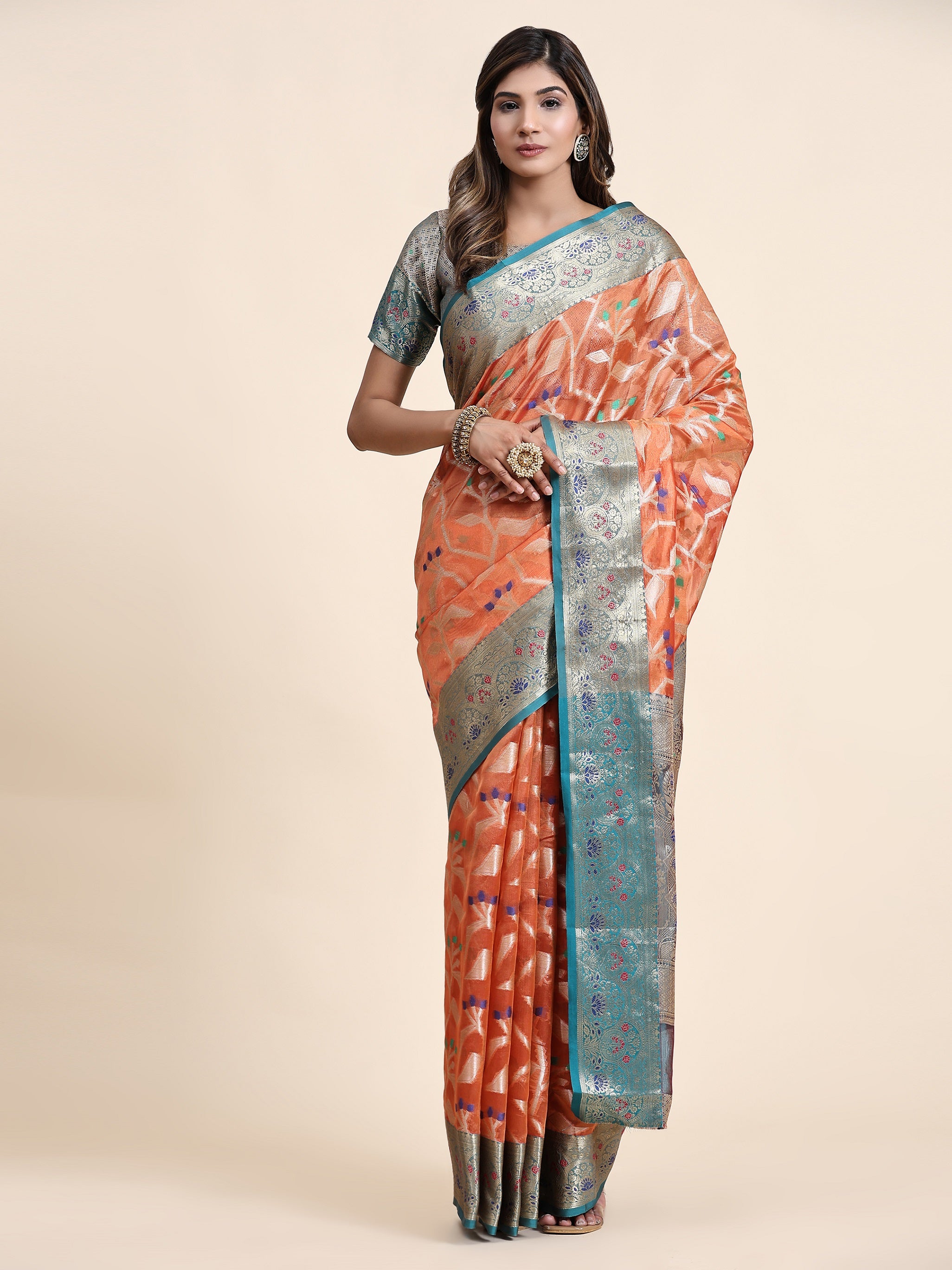 Vedant Vastram Organza Silk Kanjeevaram Saree - Peach - Distacart