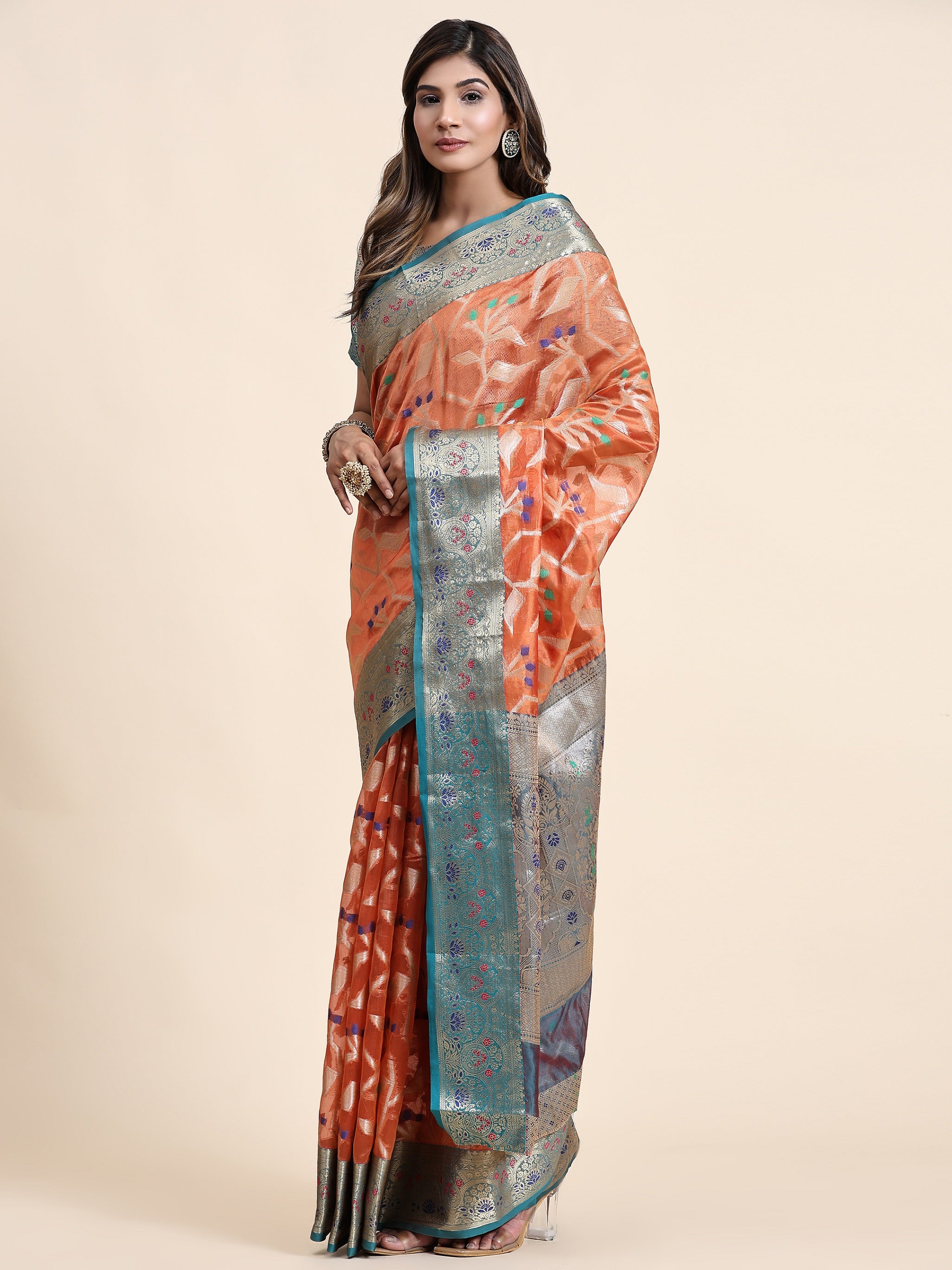 Vedant Vastram Organza Silk Kanjeevaram Saree - Peach - Distacart