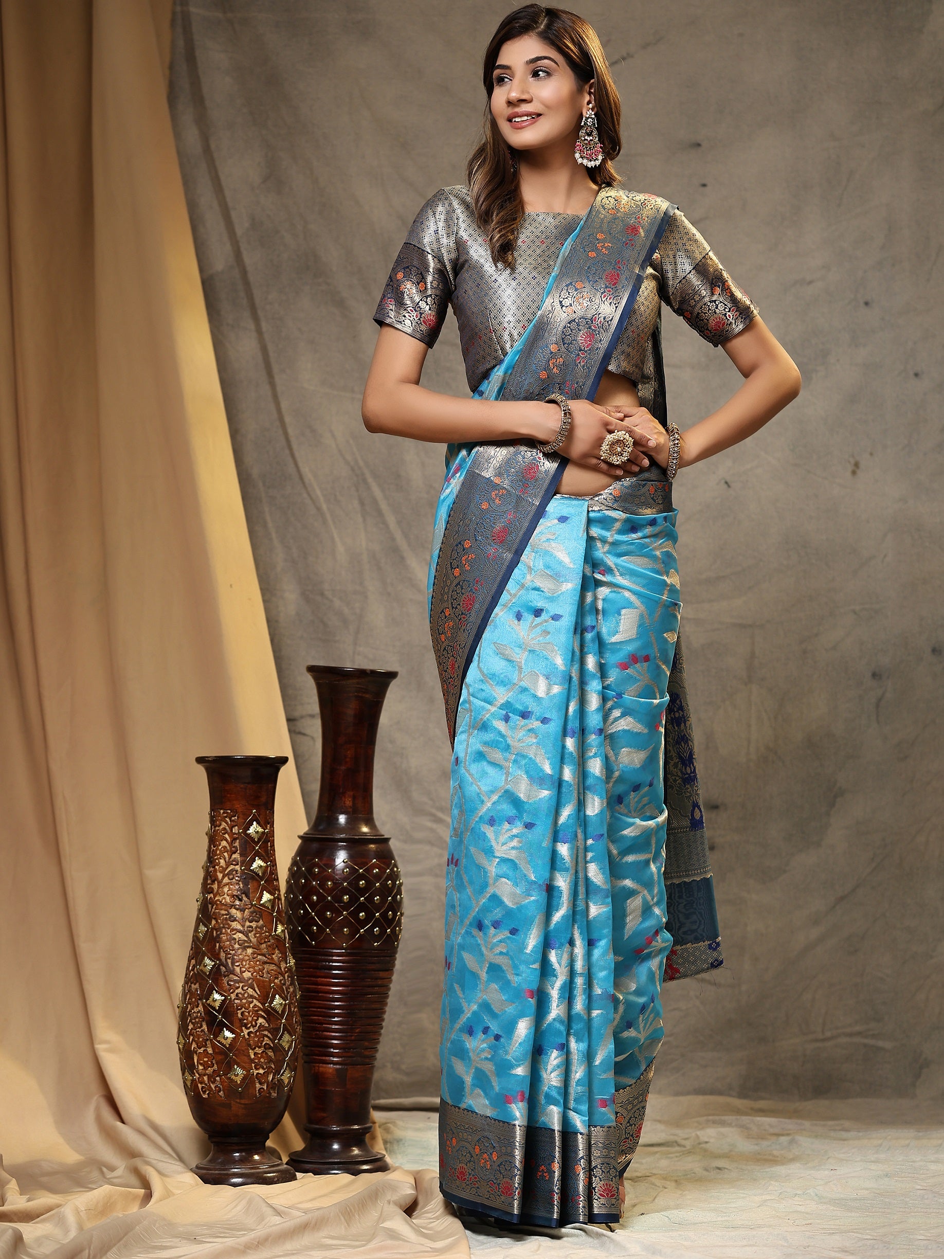 Vedant Vastram Organza Silk Kanjeevaram Saree - Skyblue - Distacart