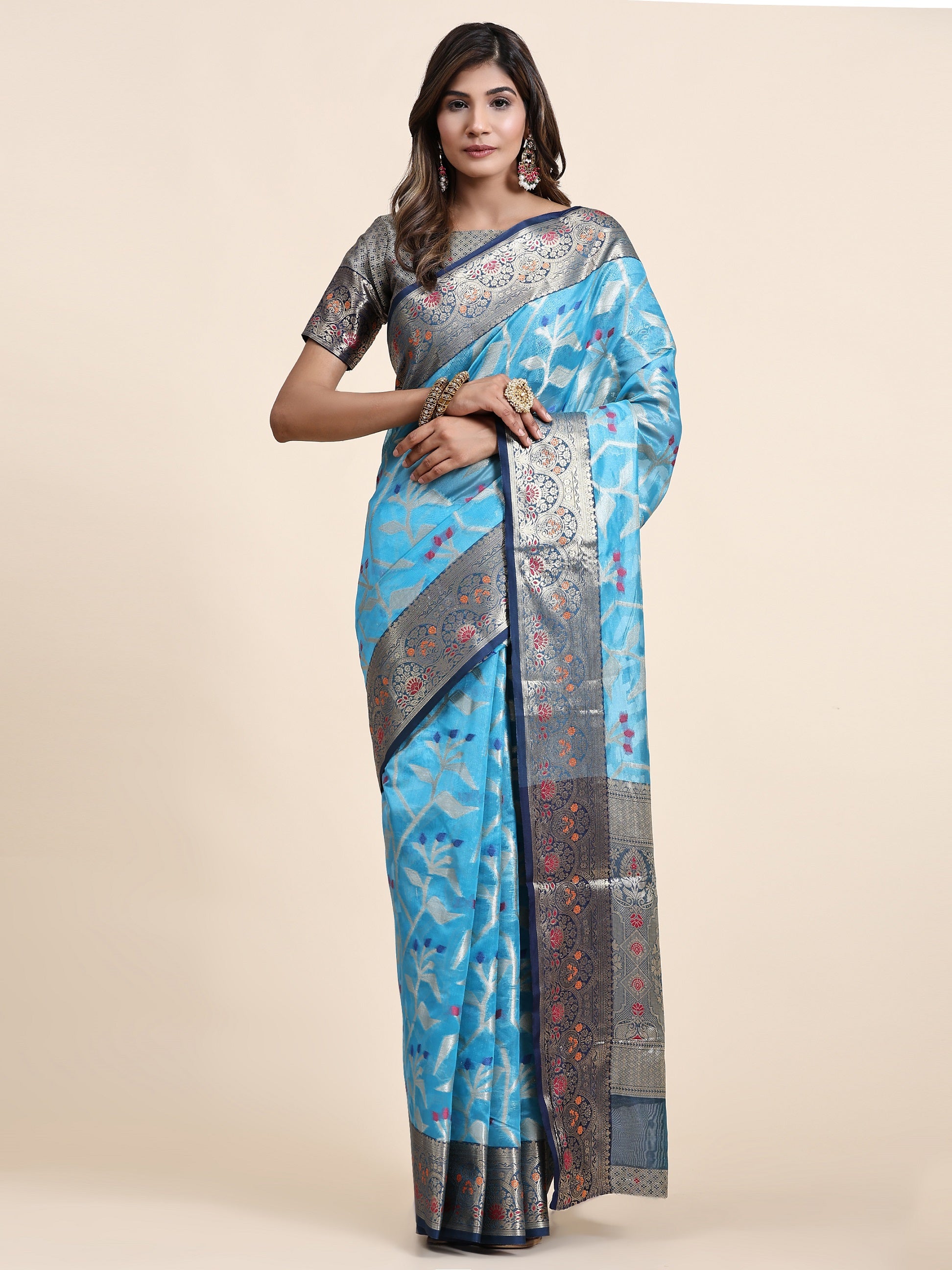 Vedant Vastram Organza Silk Kanjeevaram Saree - Skyblue - Distacart