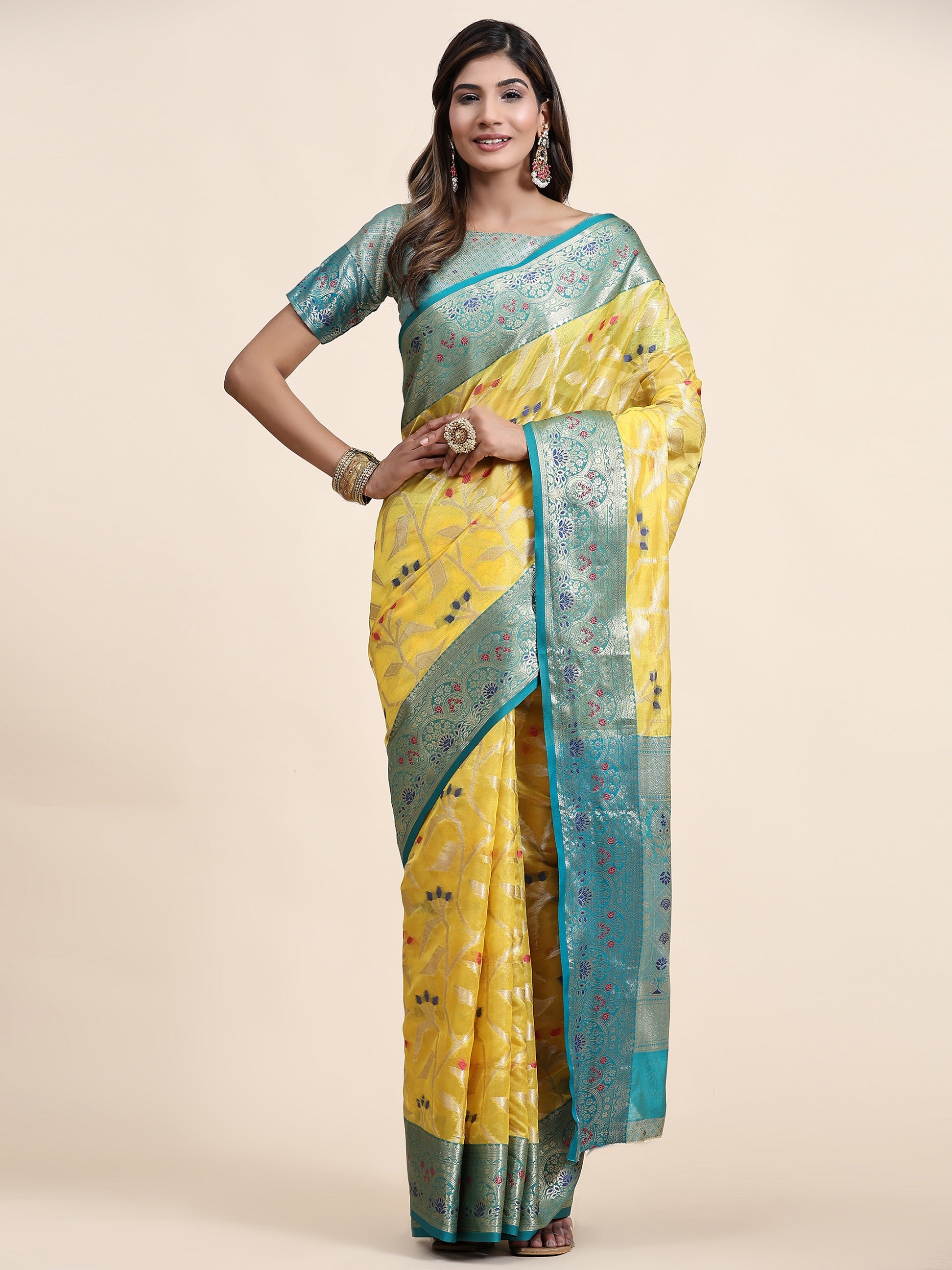 Vedant Vastram Organza Silk Kanjeevaram Saree - Yellow - Distacart