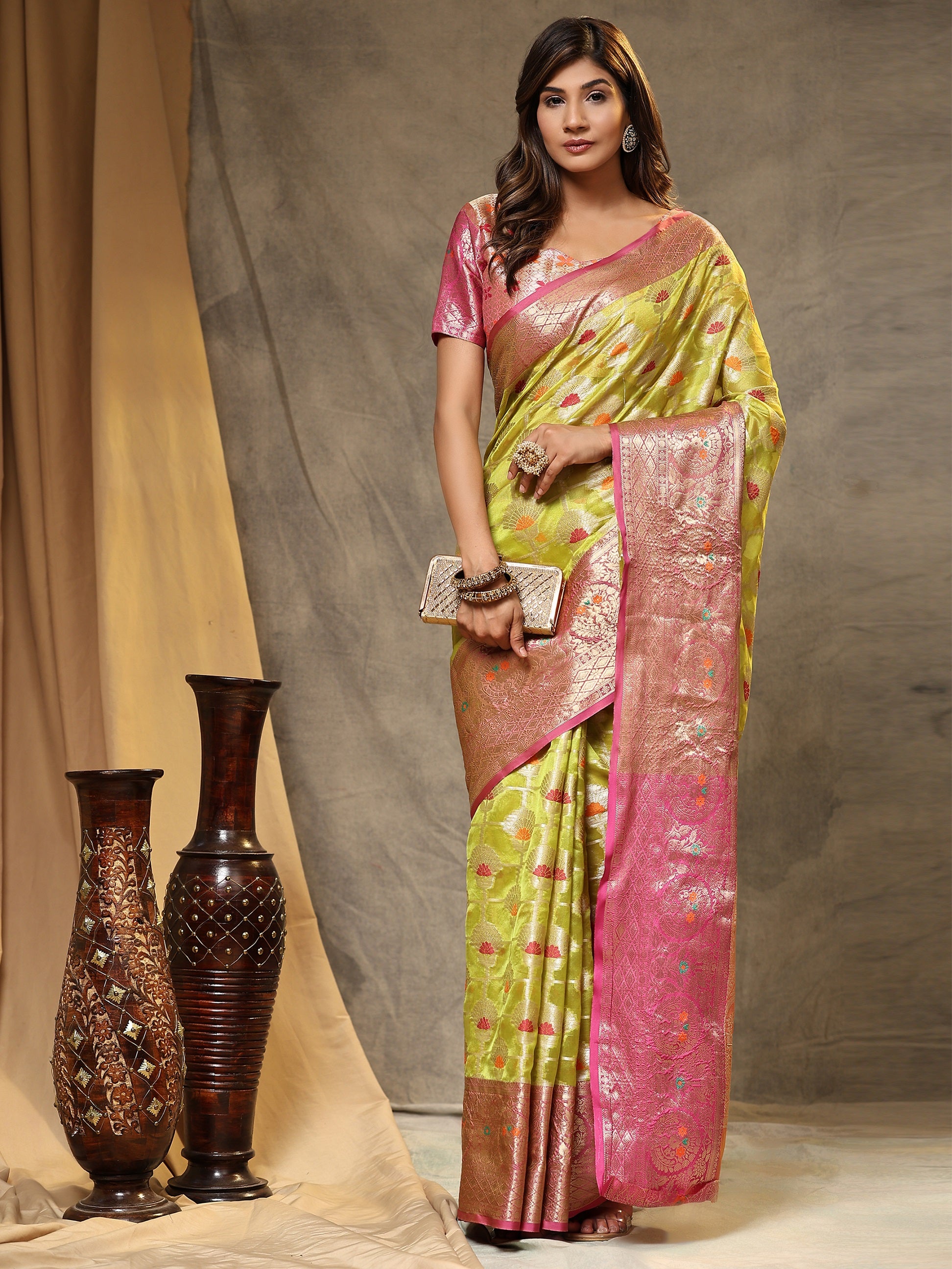 Vedant Vastram Organza Silk Kanjeevaram Saree - Lemon - Distacart