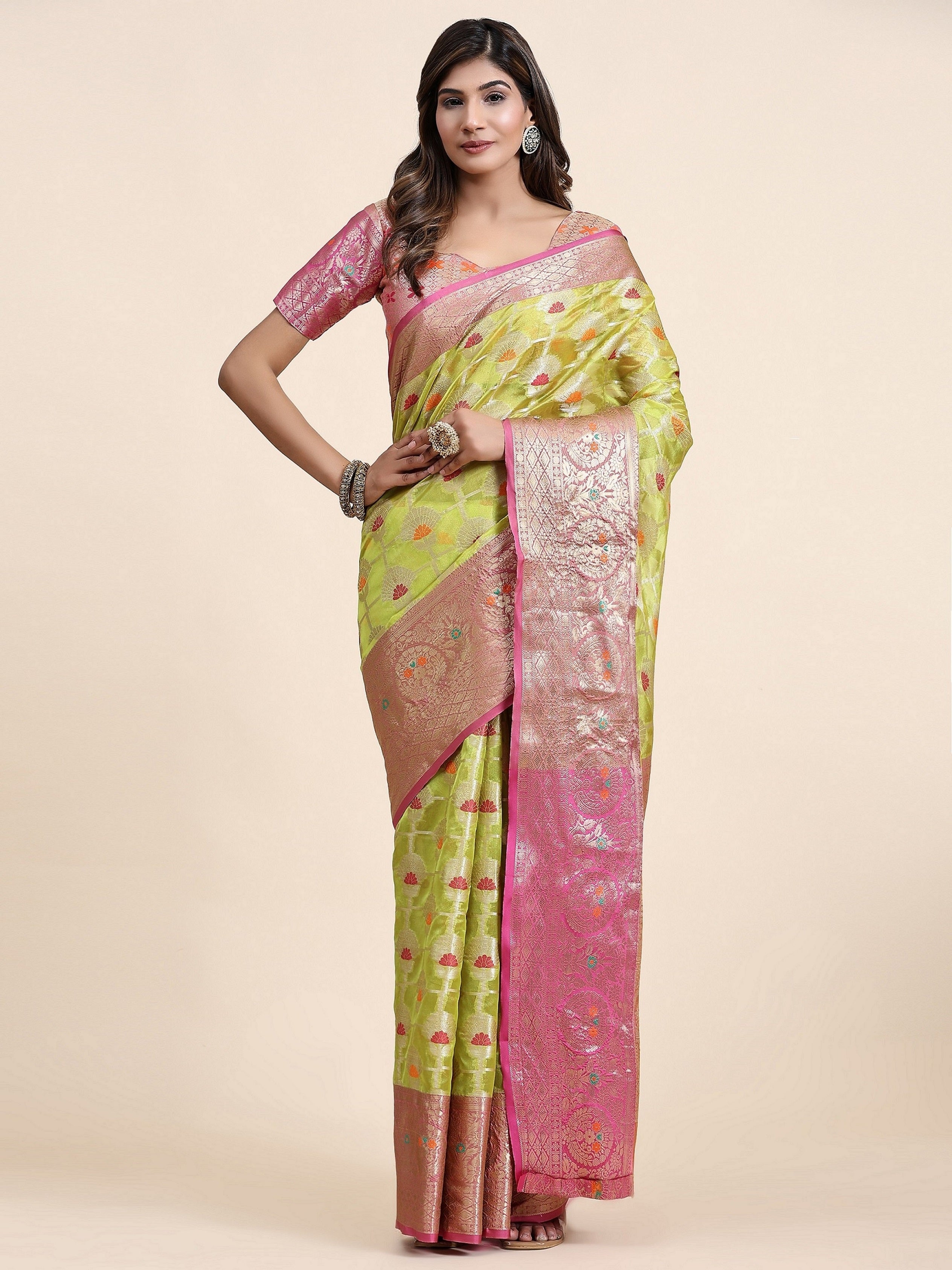 Vedant Vastram Organza Silk Kanjeevaram Saree - Lemon - Distacart