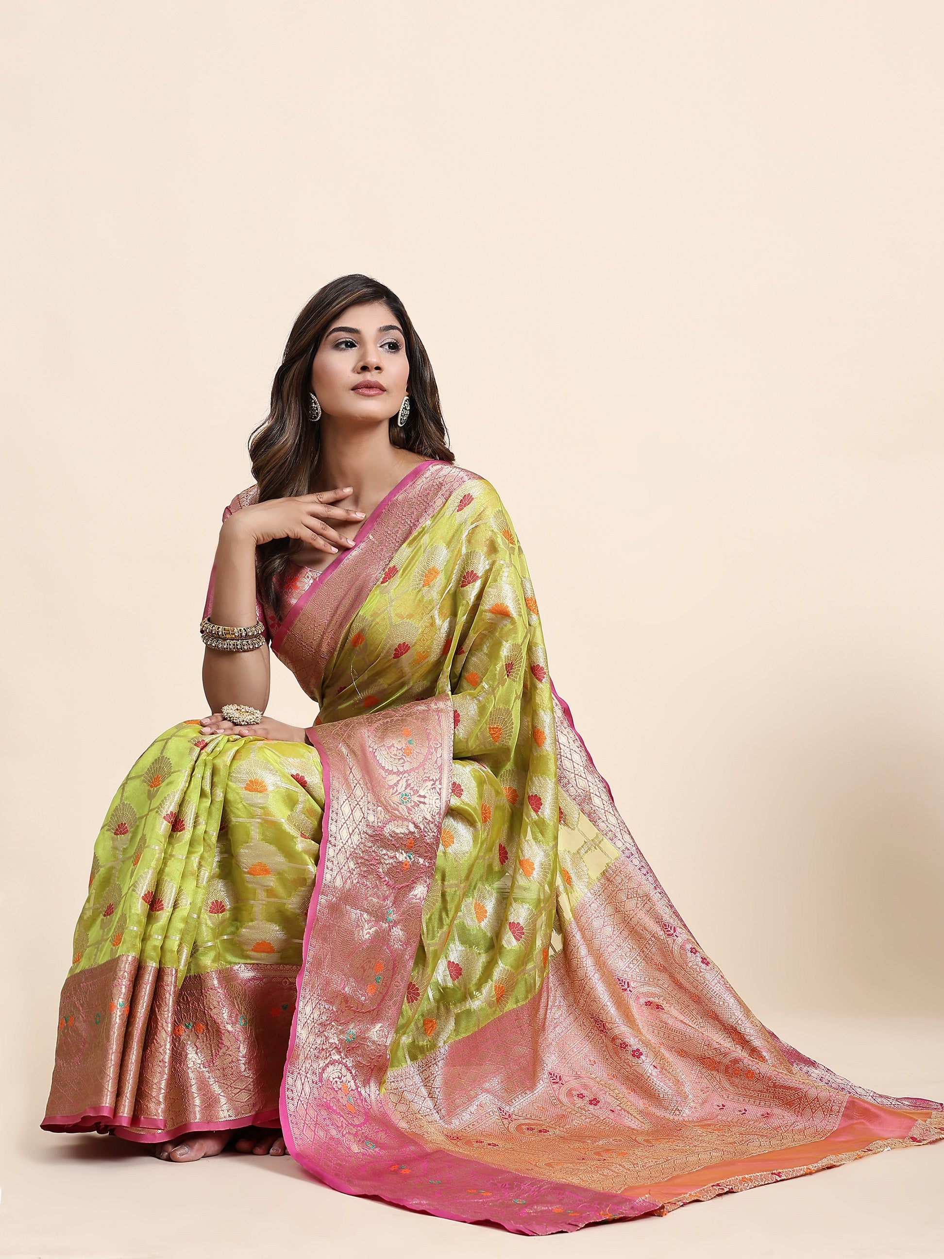 Vedant Vastram Organza Silk Kanjeevaram Saree - Lemon - Distacart
