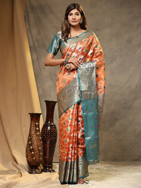 Vedant Vastram Organza Silk Kanjeevaram Saree - Peach - Distacart