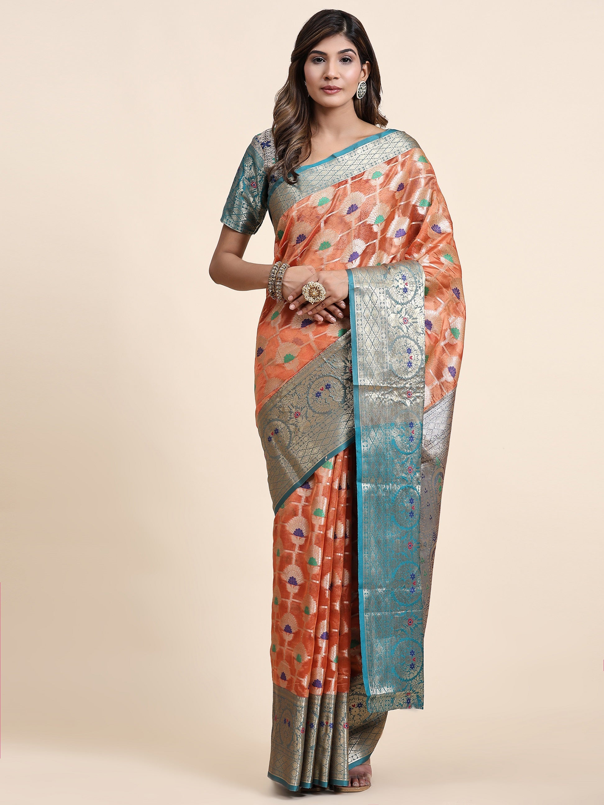 Vedant Vastram Organza Silk Kanjeevaram Saree - Peach - Distacart