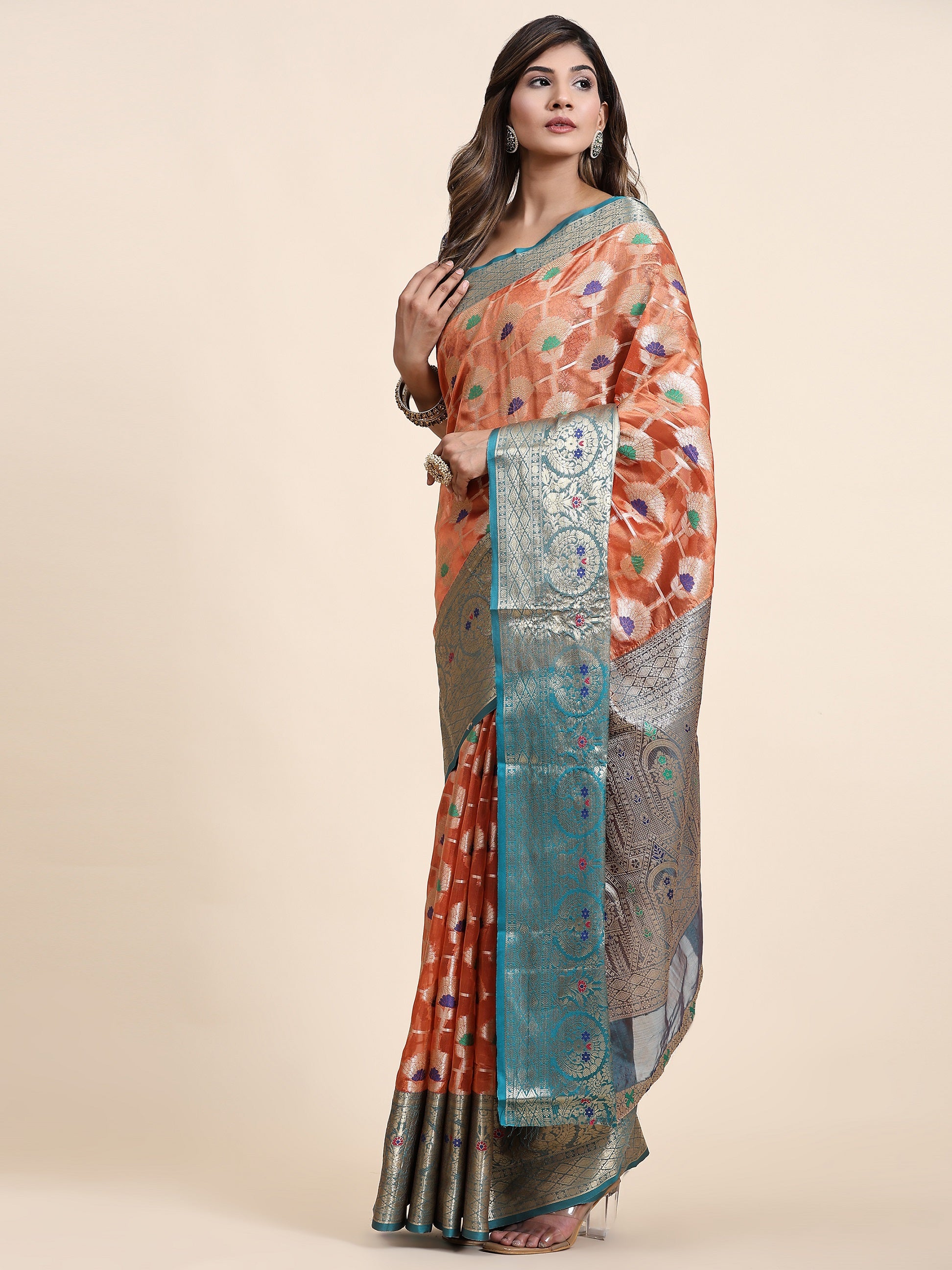 Vedant Vastram Organza Silk Kanjeevaram Saree - Peach - Distacart
