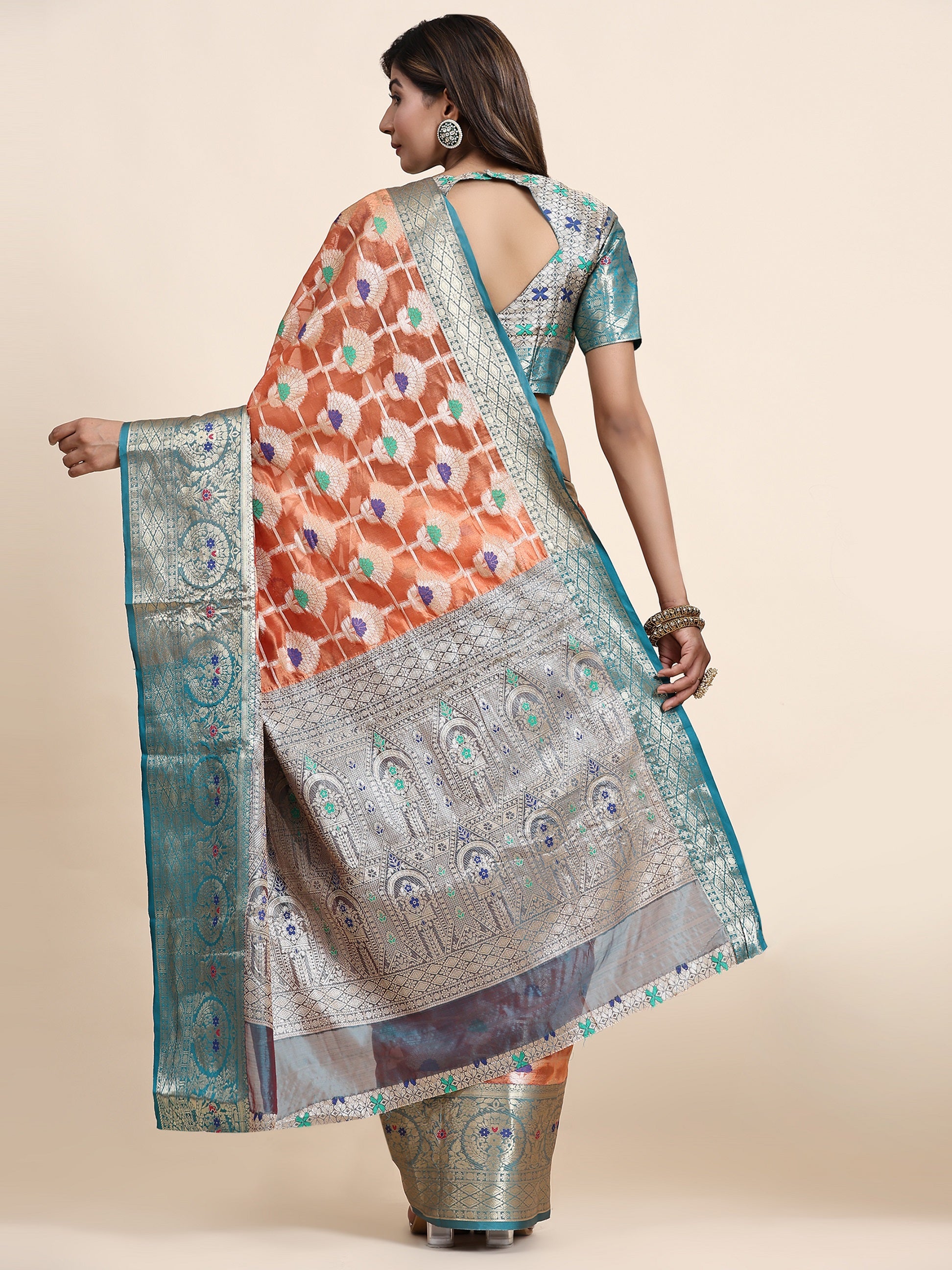 Vedant Vastram Organza Silk Kanjeevaram Saree - Peach - Distacart