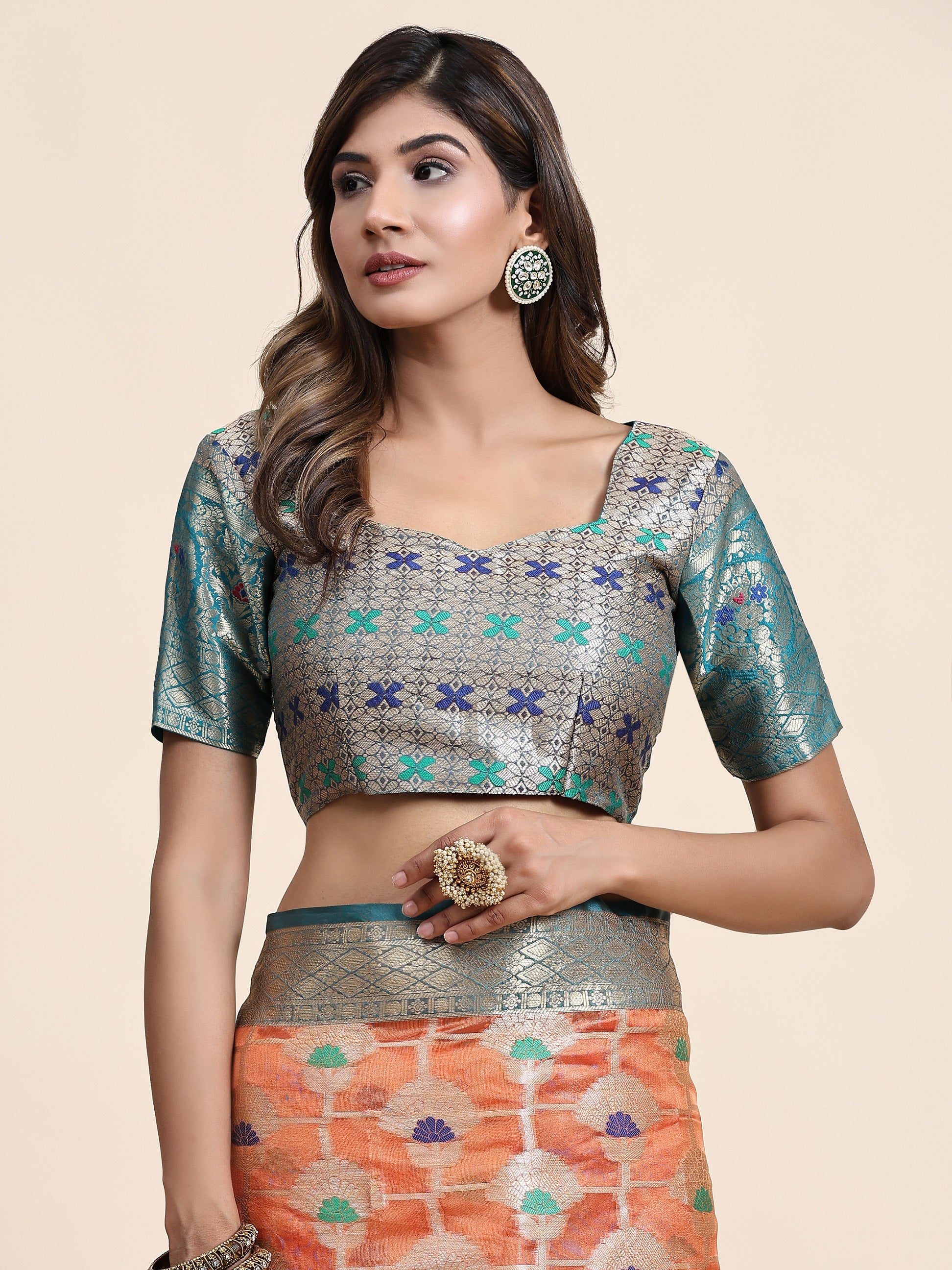 Vedant Vastram Organza Silk Kanjeevaram Saree - Peach - Distacart