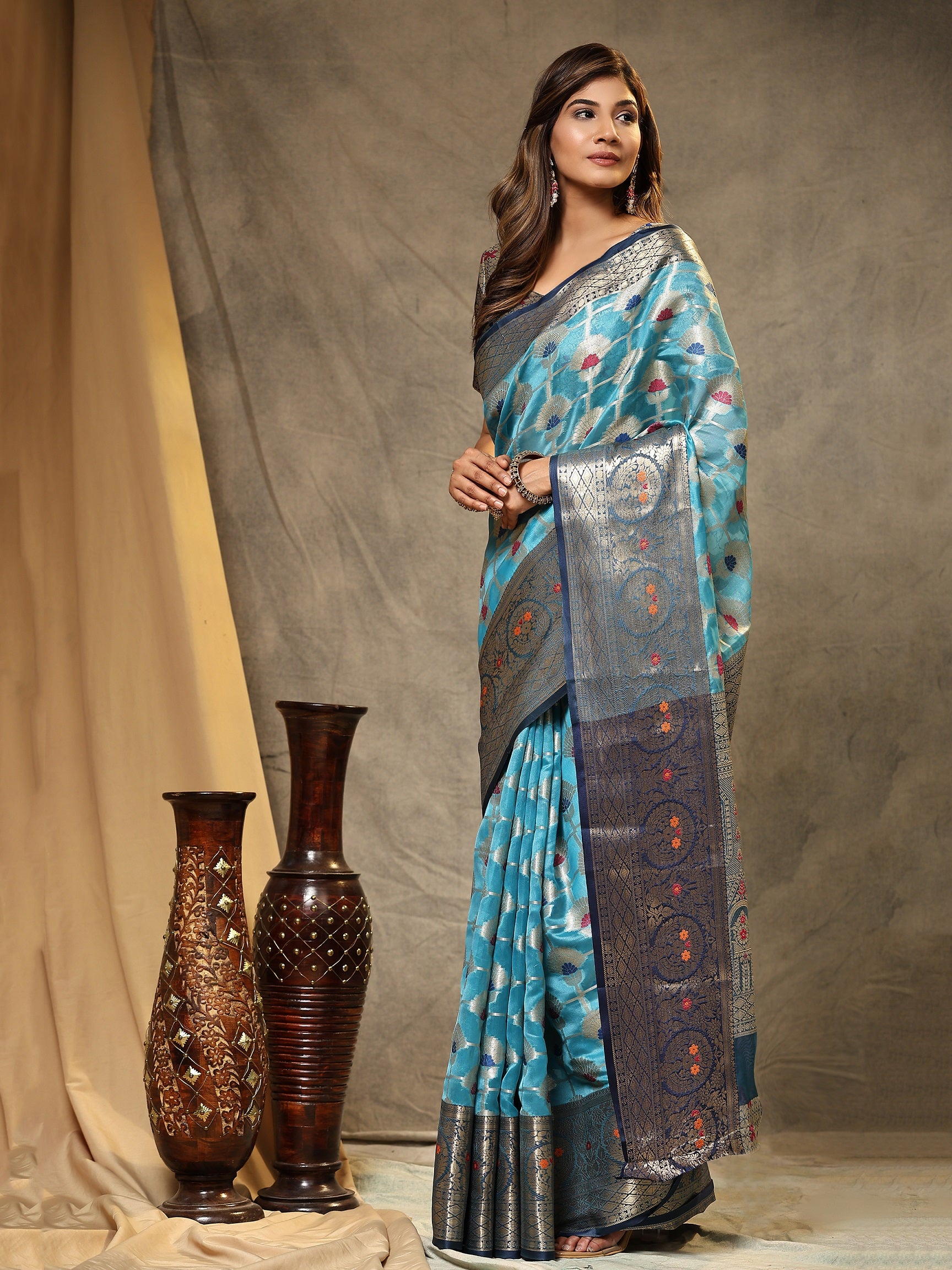 Vedant Vastram Organza Silk Kanjeevaram Saree - Skyblue - Distacart