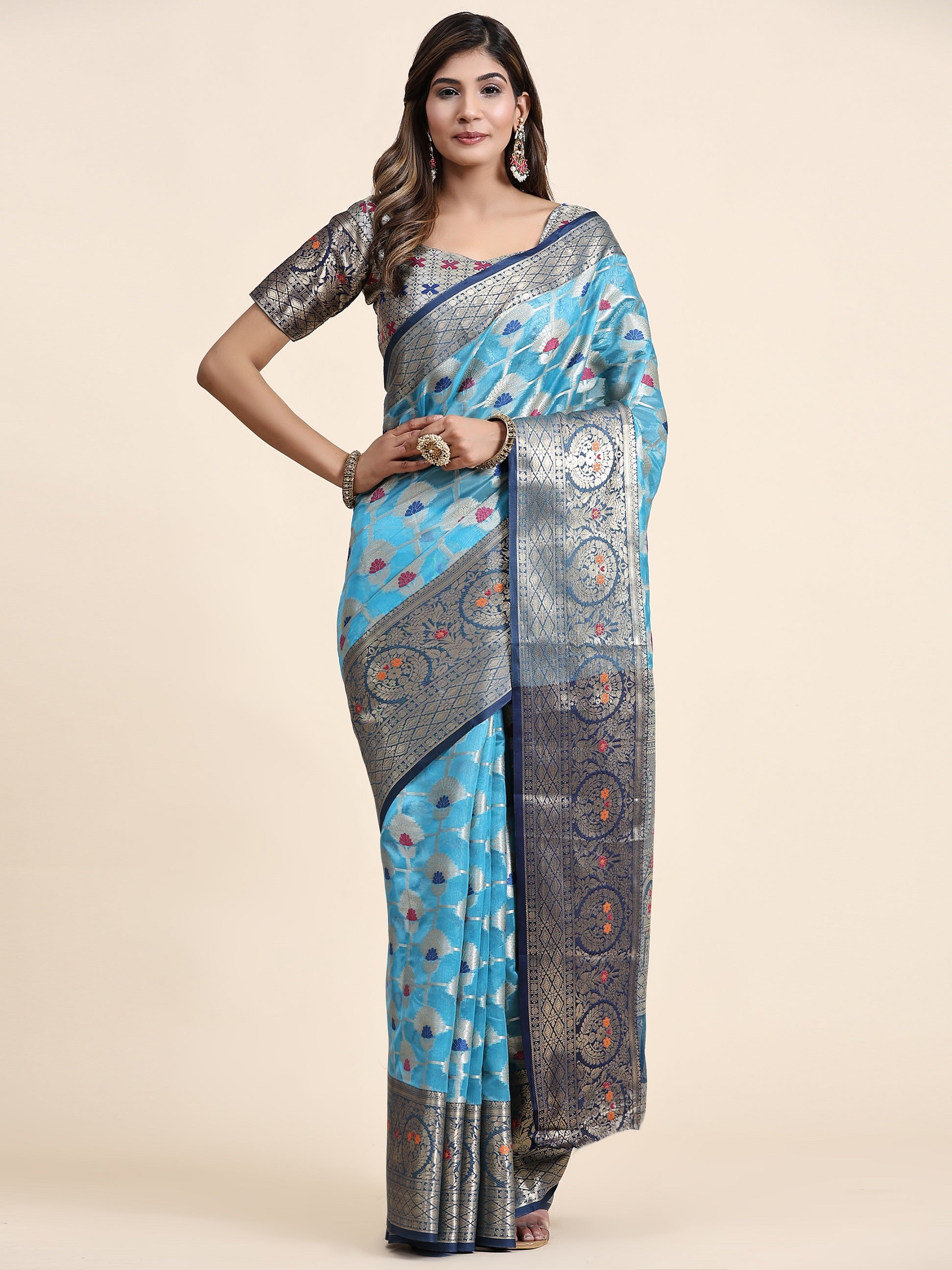 Vedant Vastram Organza Silk Kanjeevaram Saree - Skyblue - Distacart