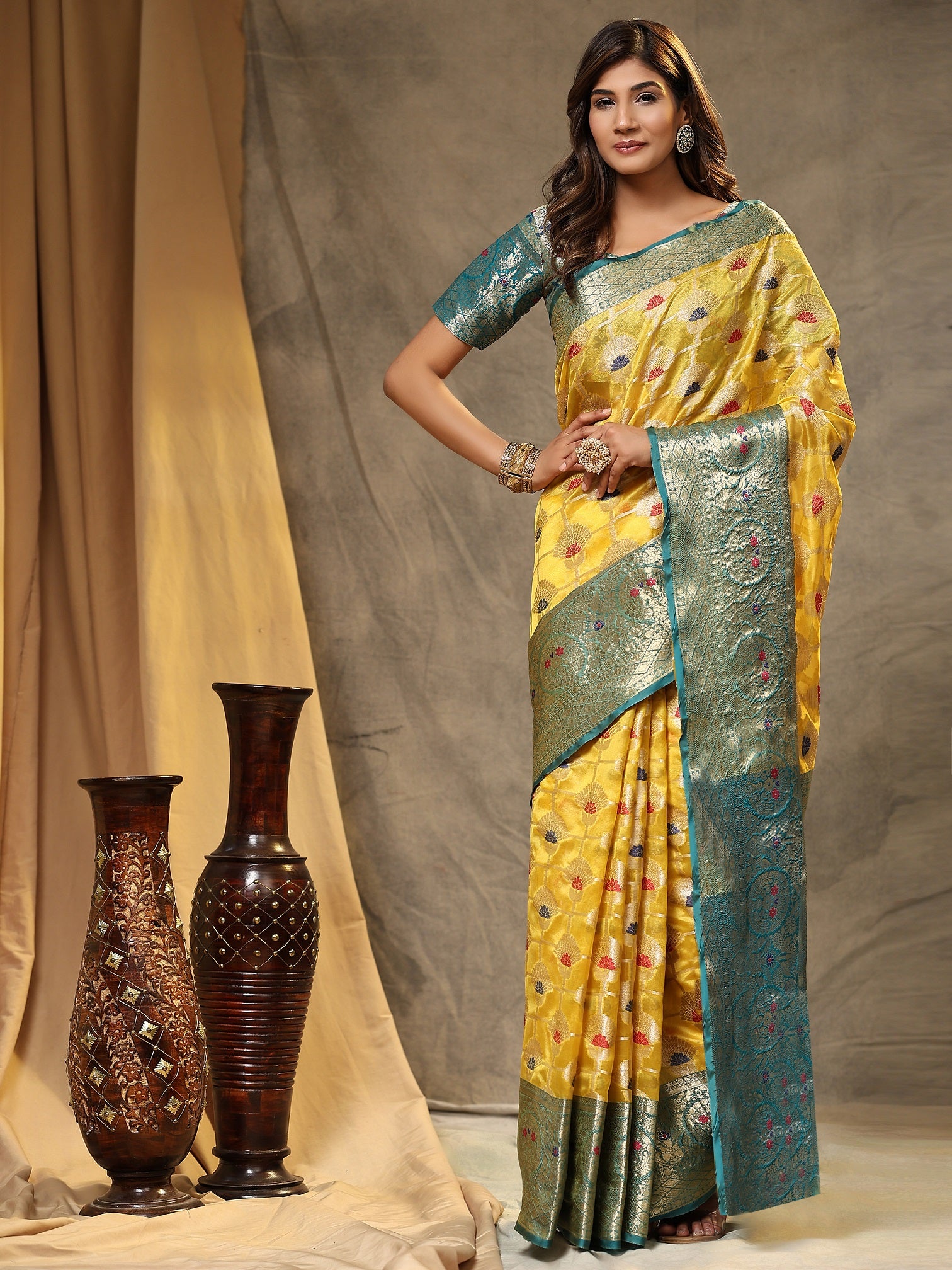 Vedant Vastram Organza Silk Kanjeevaram Saree - Yellow - Distacart