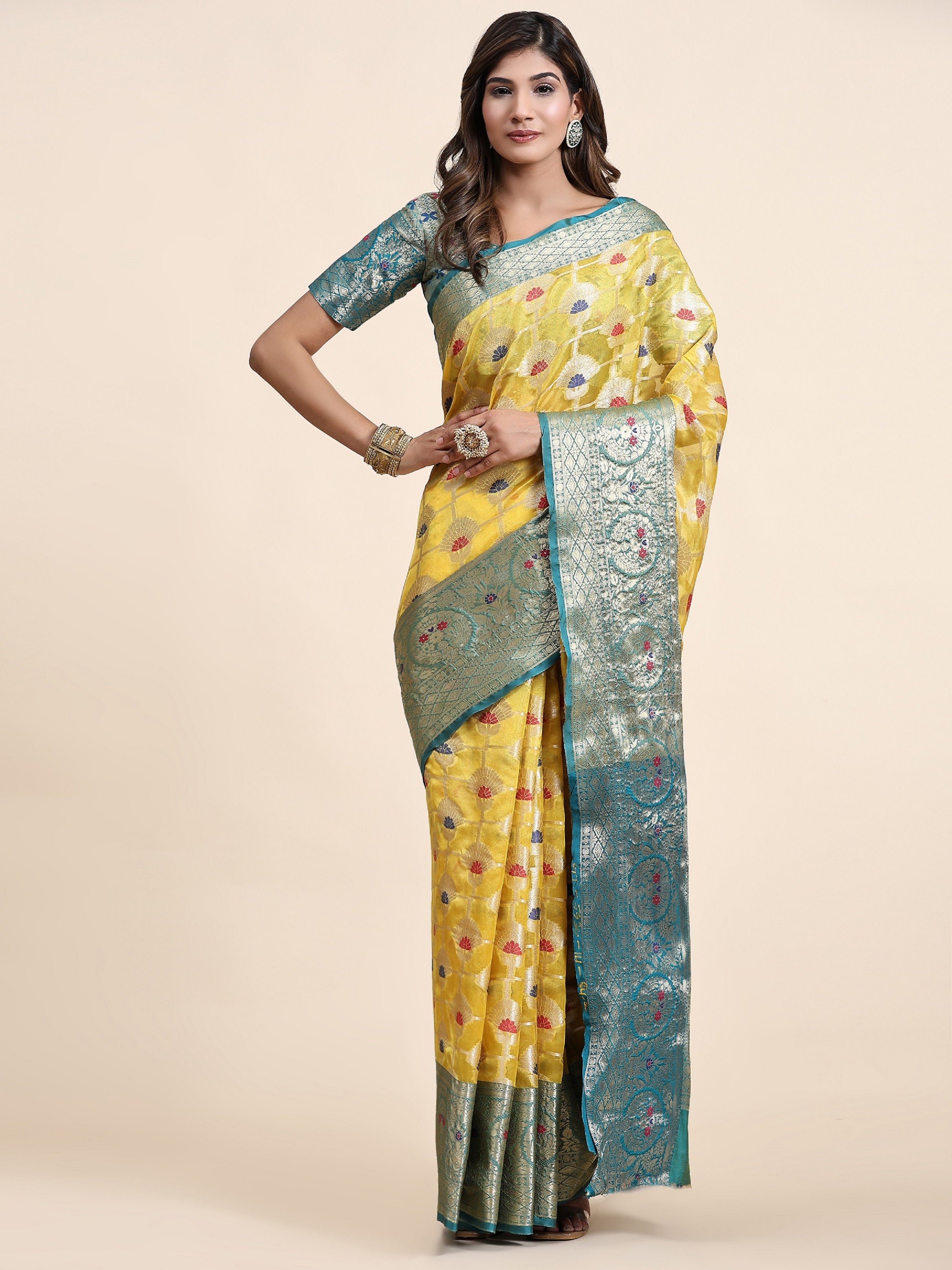 Vedant Vastram Organza Silk Kanjeevaram Saree - Yellow - Distacart