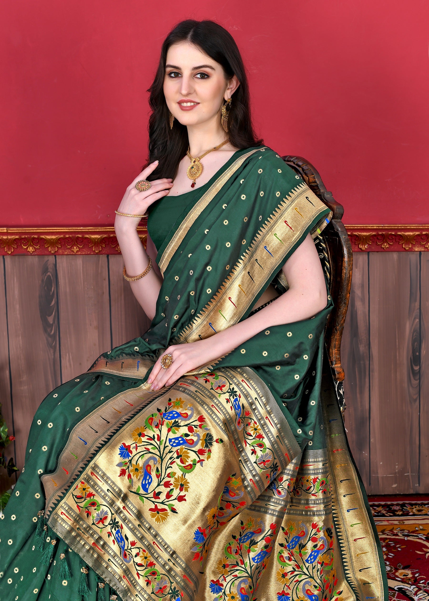Vedant Vastram Soft Litchi Silk Paithani Silk Saree - Bottle Green - Distacart
