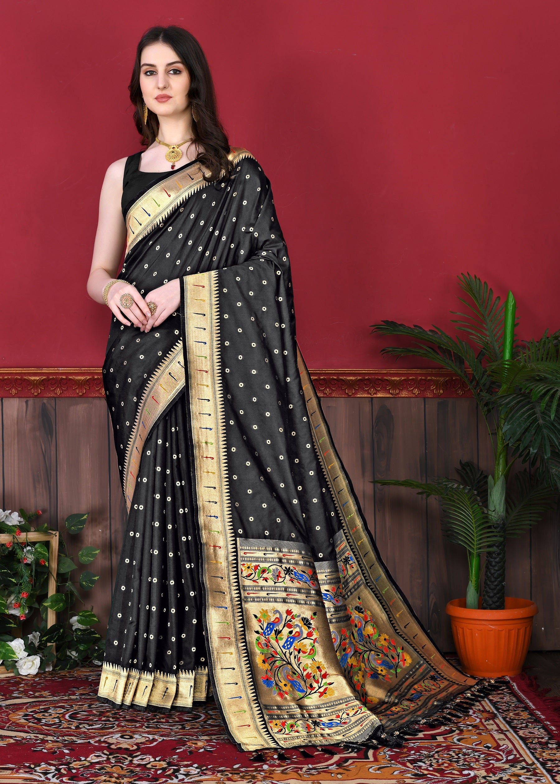 Vedant Vastram Soft Litchi Silk Paithani Silk Saree - Black - Distacart