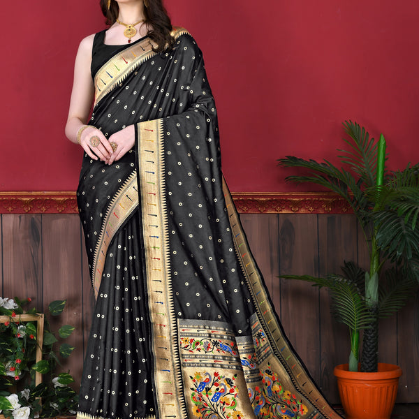 Vedant Vastram Soft Litchi Silk Paithani Silk Saree - Black - Distacart